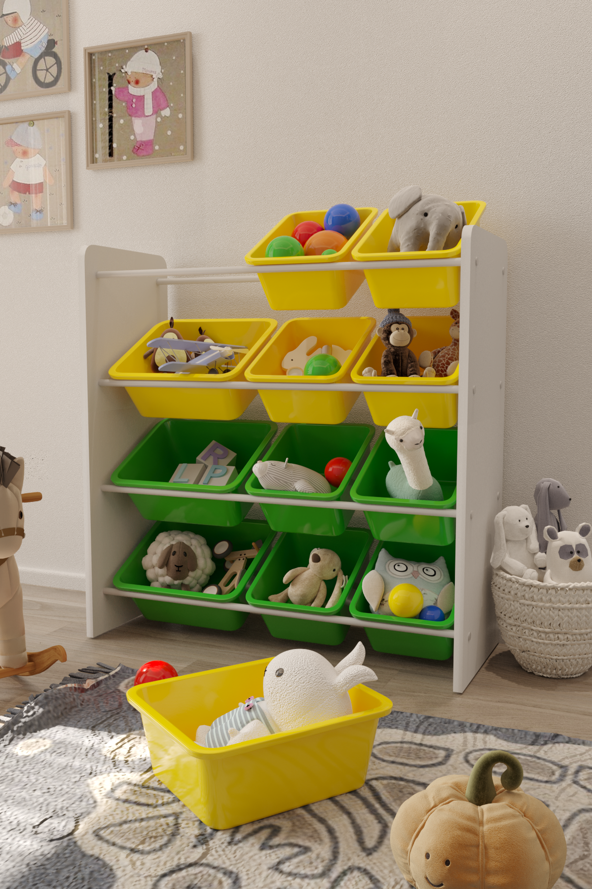 Flinder 12 Sepetli Montessori Oyuncak Dolabı | Çok Amaçlı Düzenleyici Dolap - Sarı Yeşil Sepetli