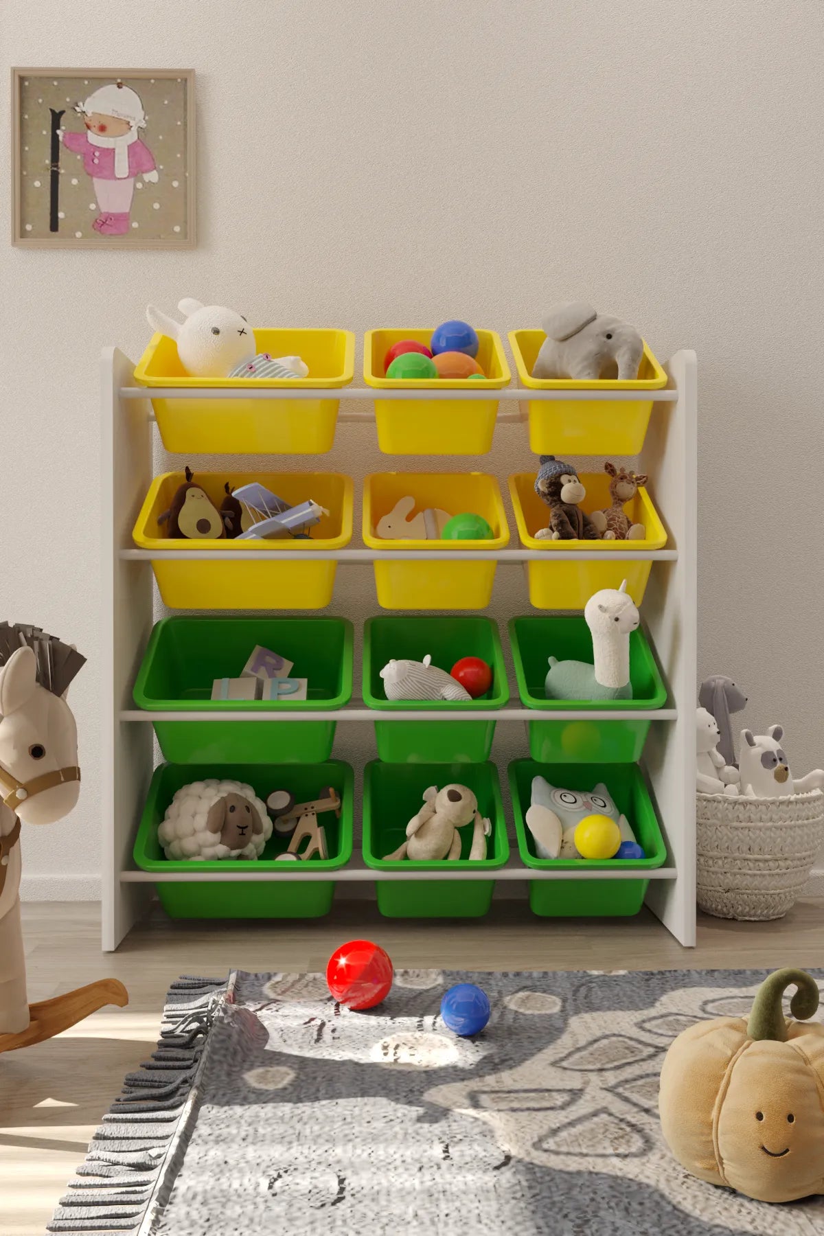 12 Sepetli Montessori Oyuncak Dolabı | Çok Amaçlı Düzenleyici Dolap - Sarı Yeşil Sepetli