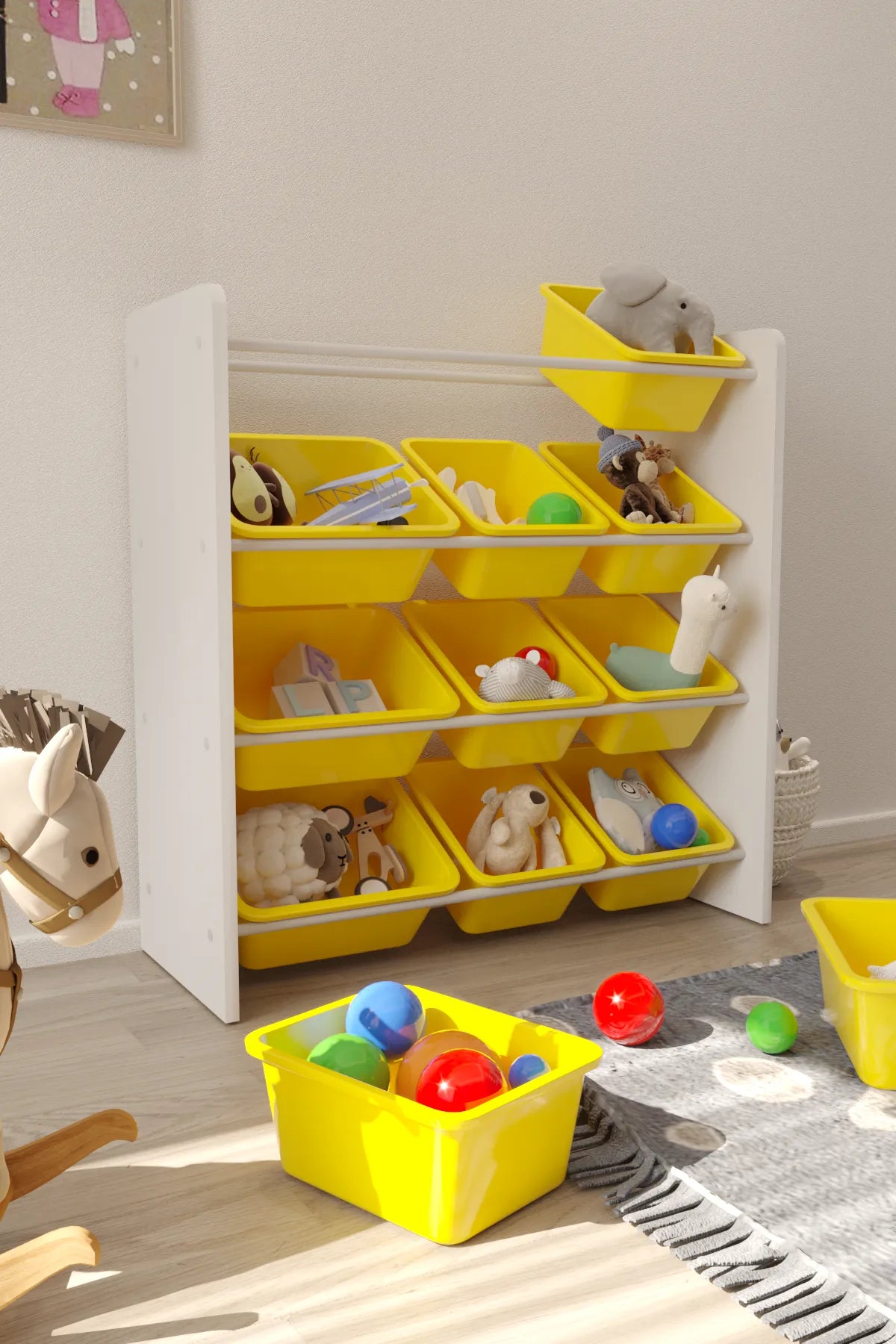 12 Sepetli Montessori Oyuncak Dolabı | Çok Amaçlı Düzenleyici Dolap - Sarı Sepetli