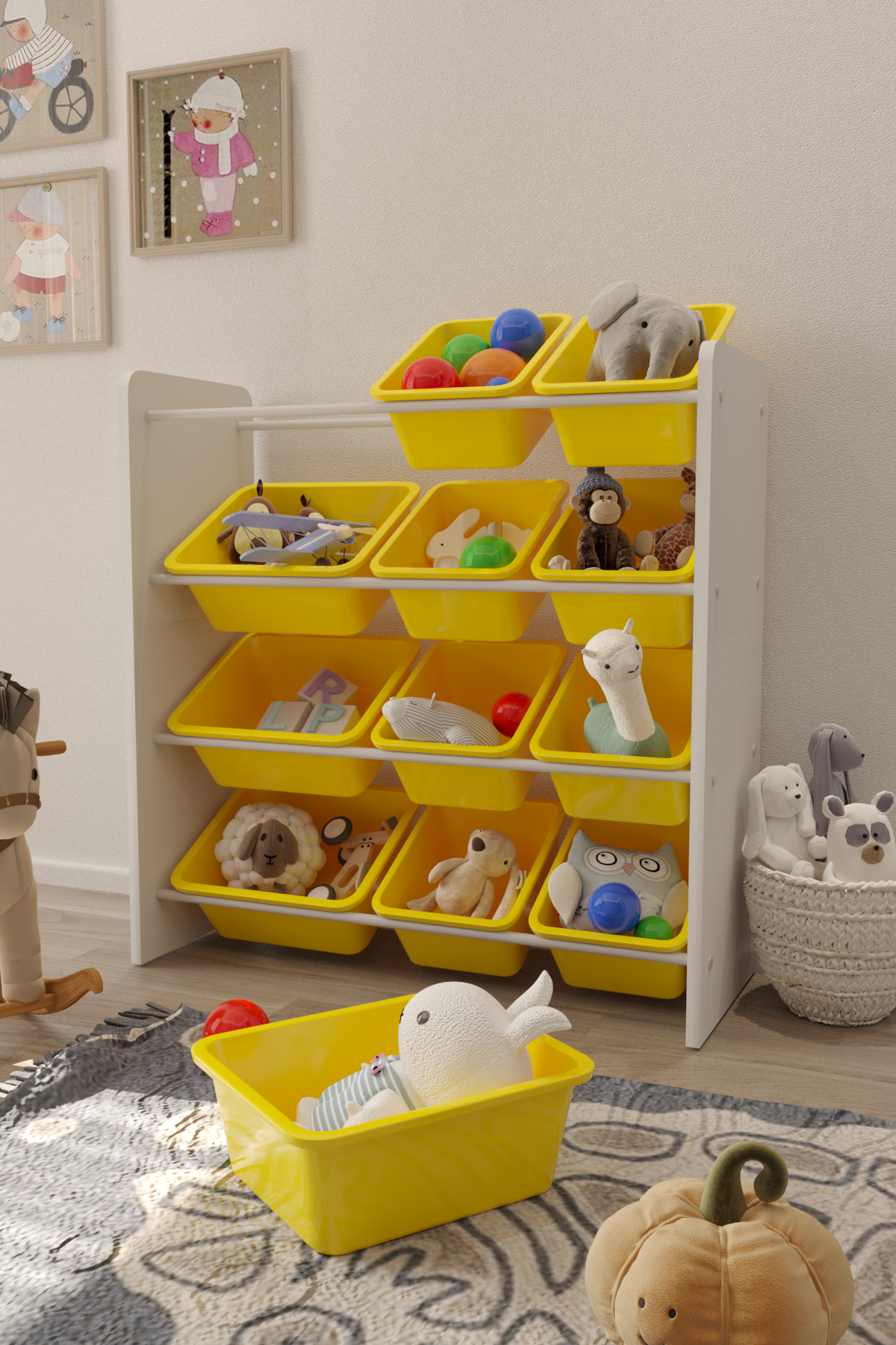 Flinder 12 Sepetli Montessori Oyuncak Dolabı | Çok Amaçlı Düzenleyici Dolap - Sarı Sepetli