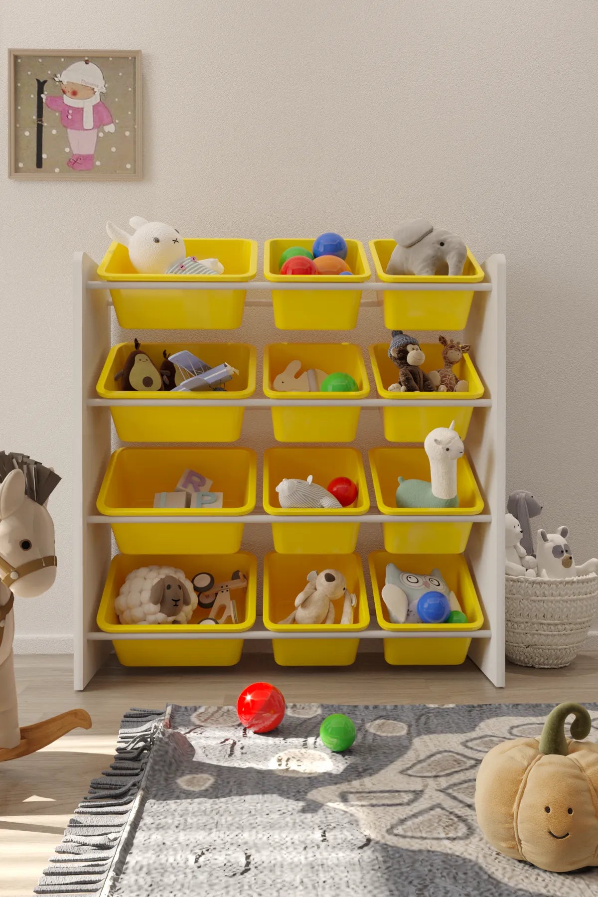 12 Sepetli Montessori Oyuncak Dolabı | Çok Amaçlı Düzenleyici Dolap - Sarı Sepetli