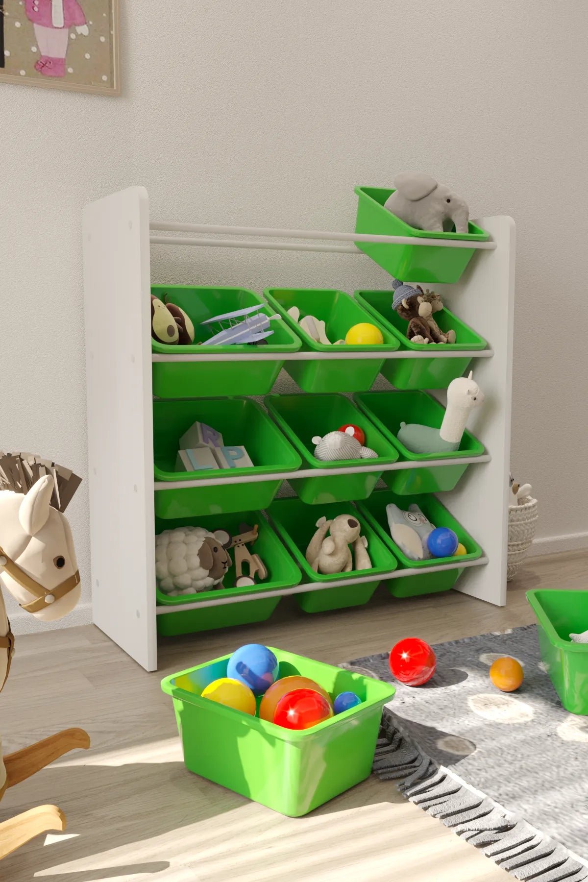 12 Sepetli Montessori Oyuncak Dolabı | Çok Amaçlı Düzenleyici Dolap - Yeşil Sepetli