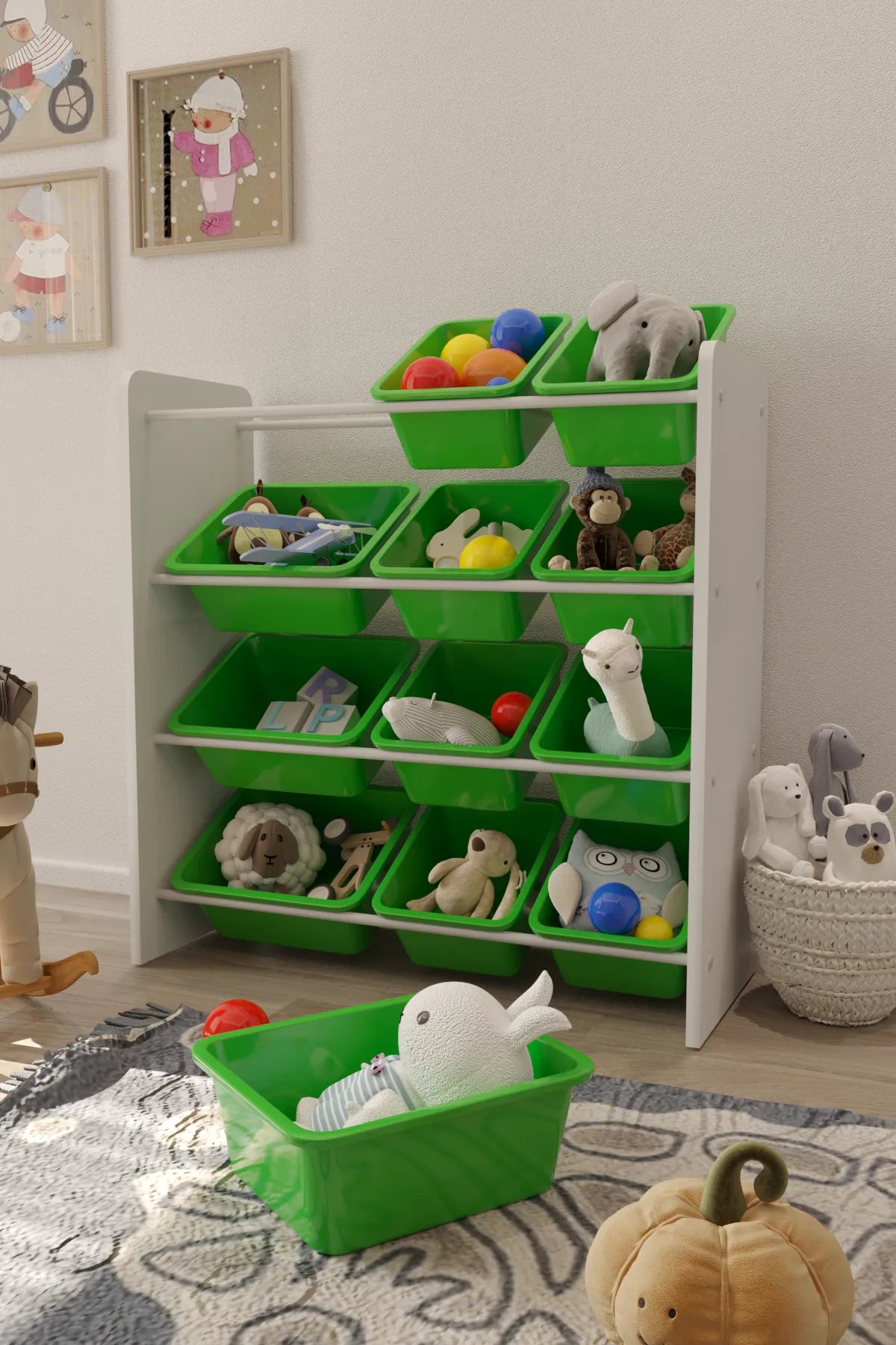12 Sepetli Montessori Oyuncak Dolabı | Çok Amaçlı Düzenleyici Dolap - Yeşil Sepetli