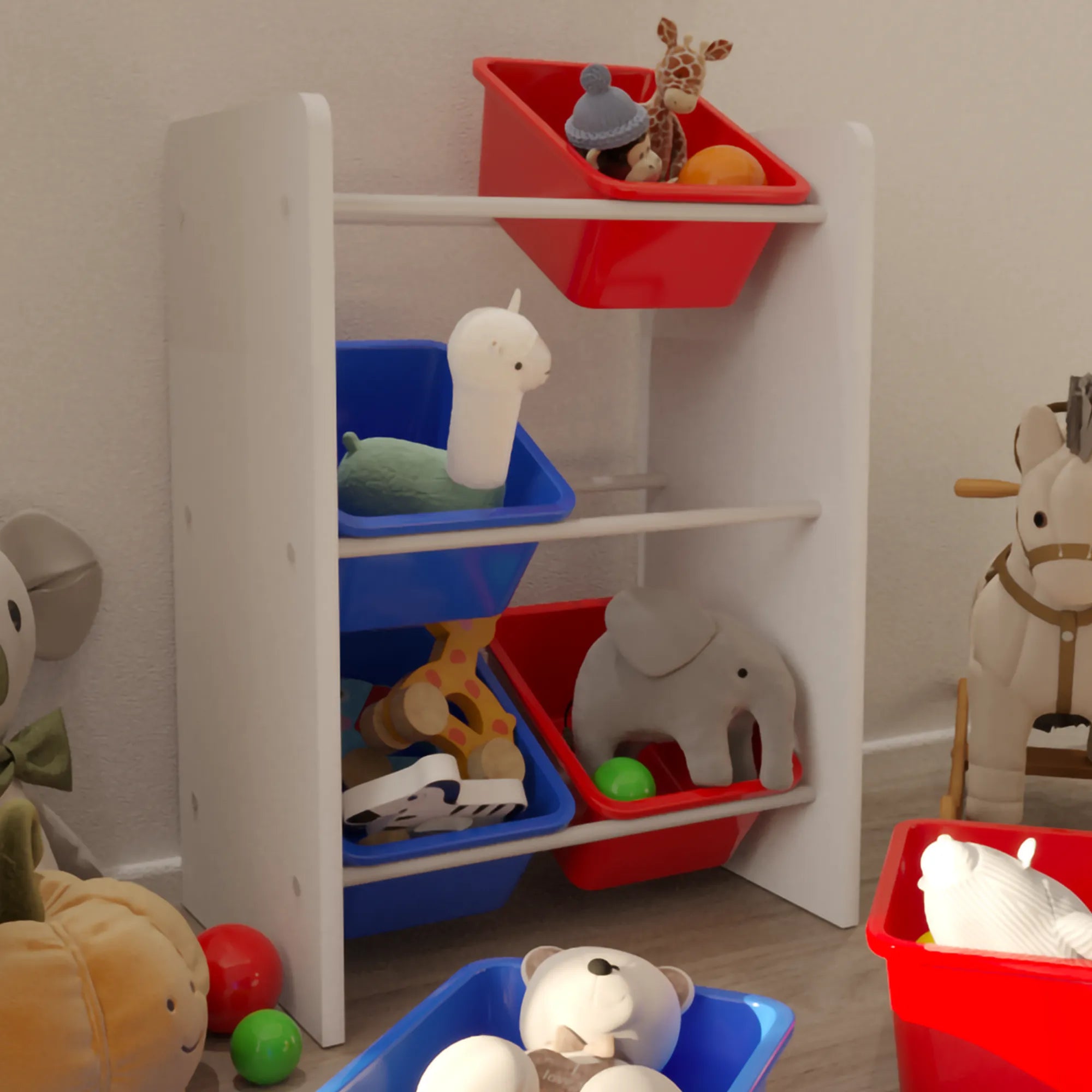 6 Sepetli Montessori Oyuncak Dolabı | Çok Amaçlı Düzenleyici Dolap - Kırmızı Mavi Sepetli