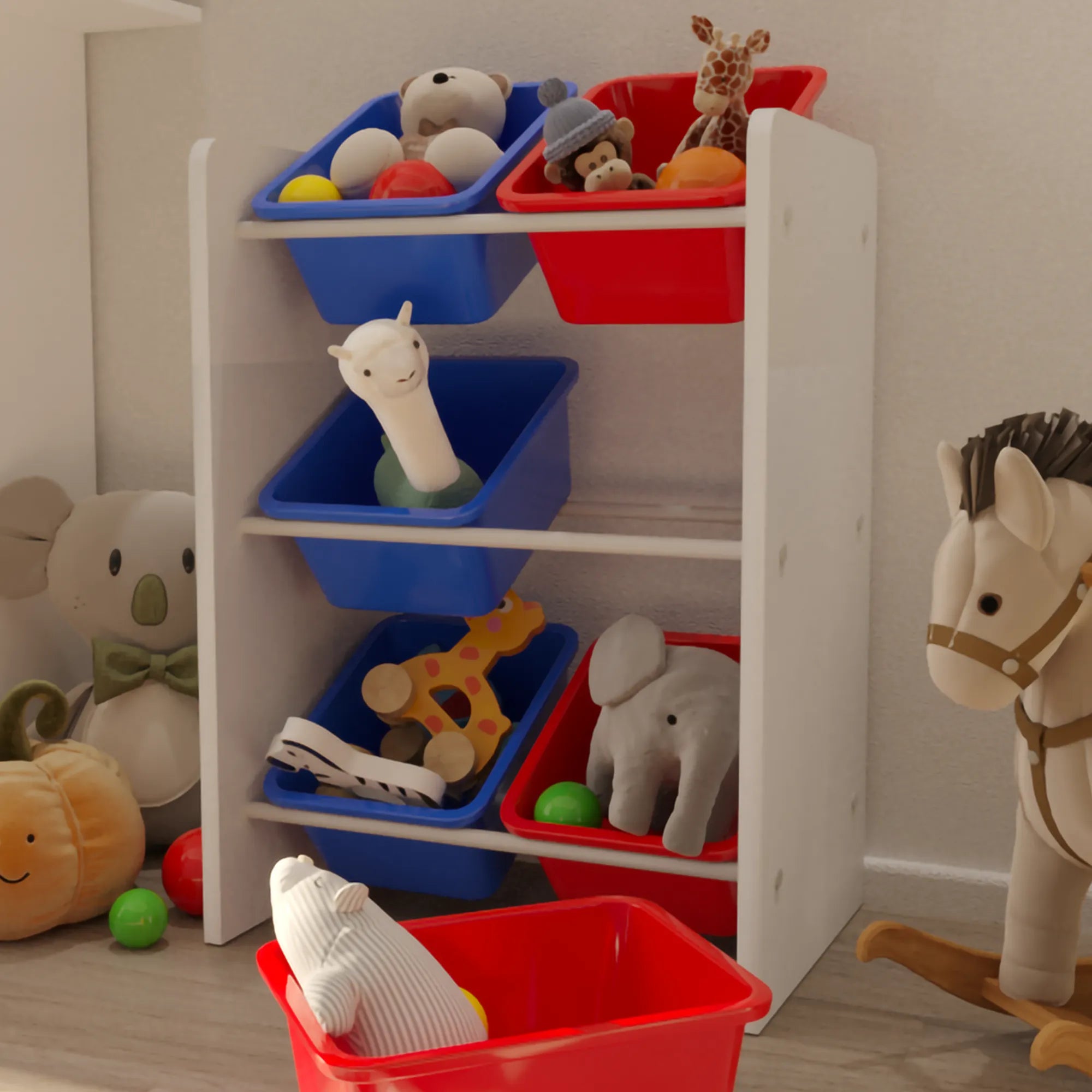 6 Sepetli Montessori Oyuncak Dolabı | Çok Amaçlı Düzenleyici Dolap - Kırmızı Mavi Sepetli