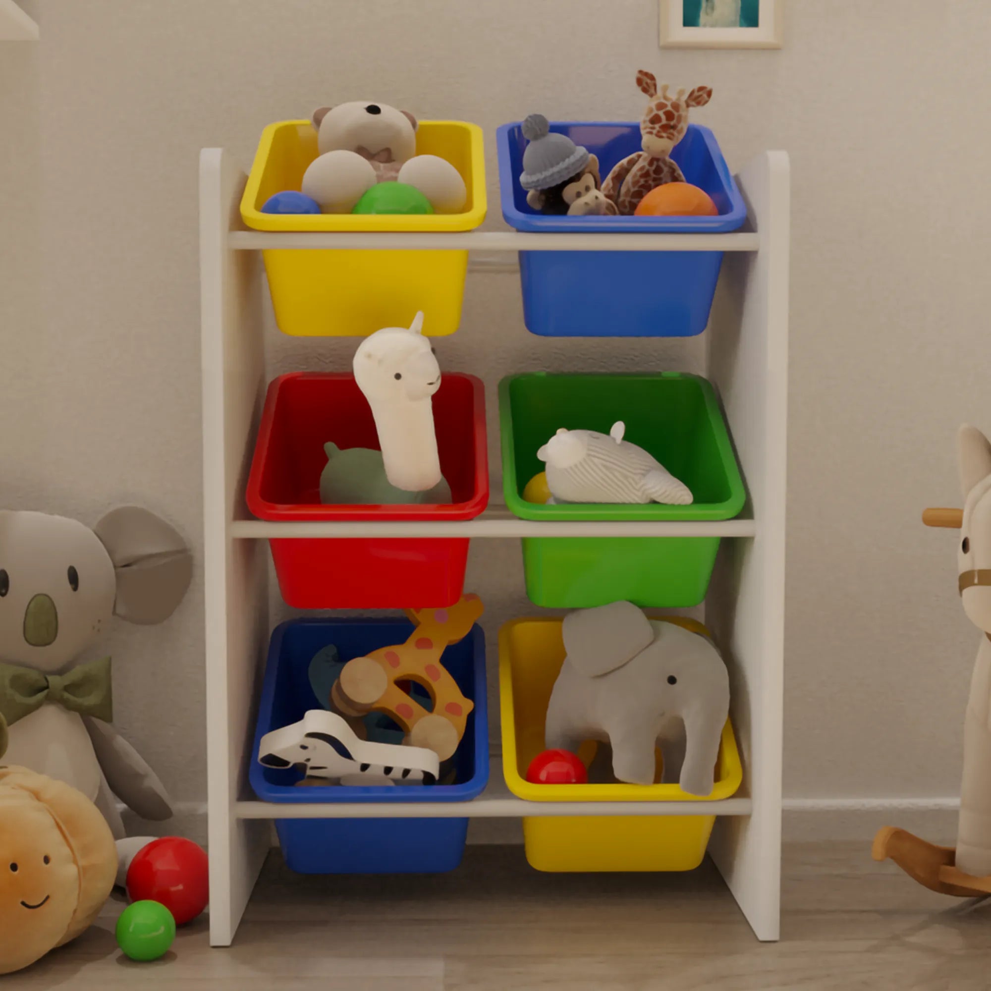 6 Sepetli Montessori Oyuncak Dolabı | Çok Amaçlı Düzenleyici Dolap - Kırmızı Mavi Sarı Renkli