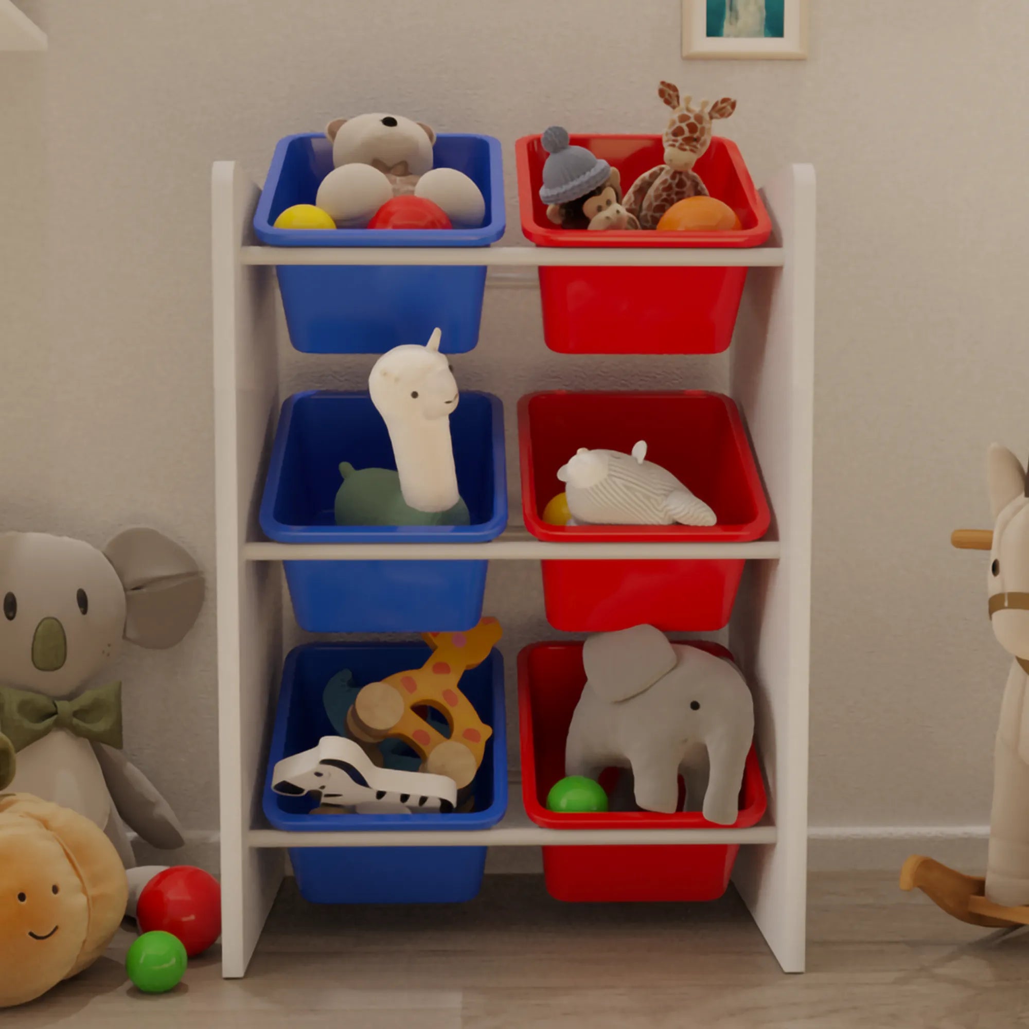 6 Sepetli Montessori Oyuncak Dolabı | Çok Amaçlı Düzenleyici Dolap - Kırmızı Mavi Sepetli