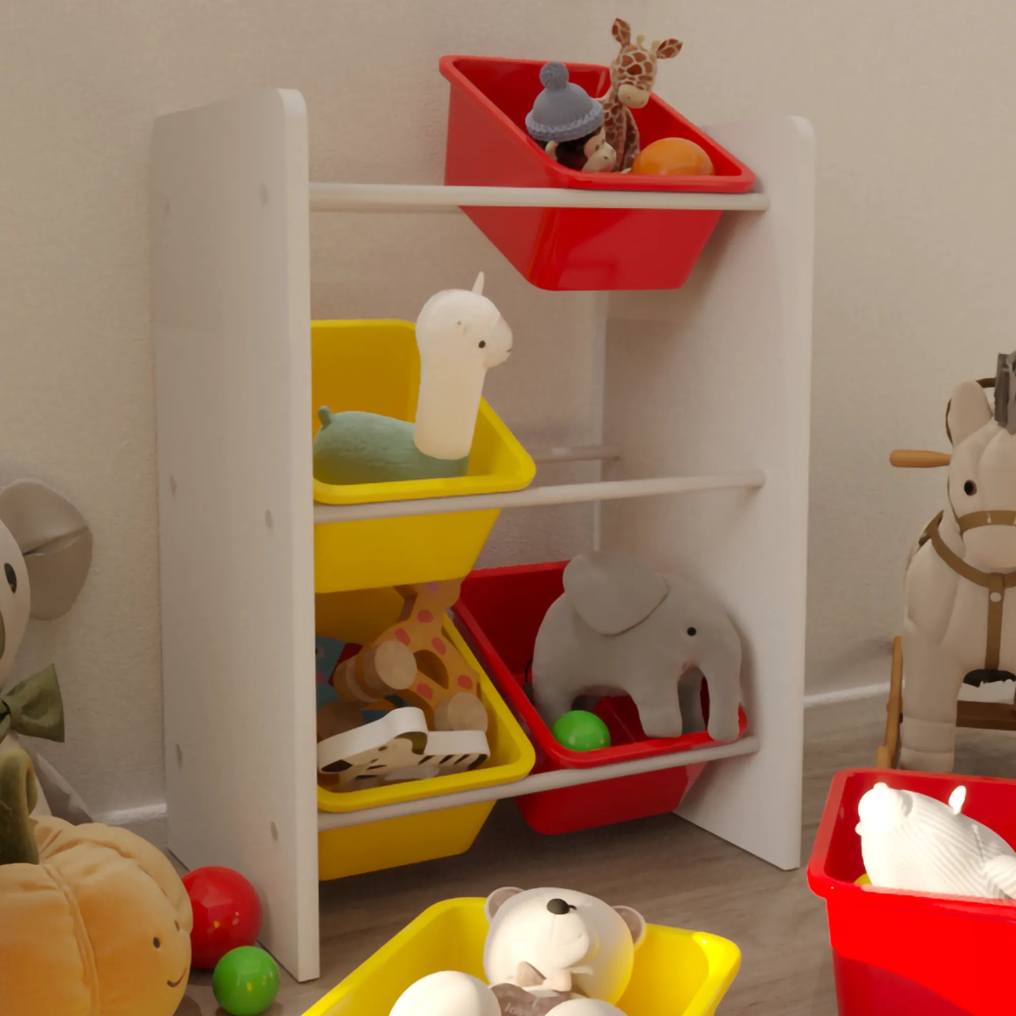 6 Sepetli Montessori Oyuncak Dolabı | Çok Amaçlı Düzenleyici Dolap - Kırmızı Sarı Sepetli