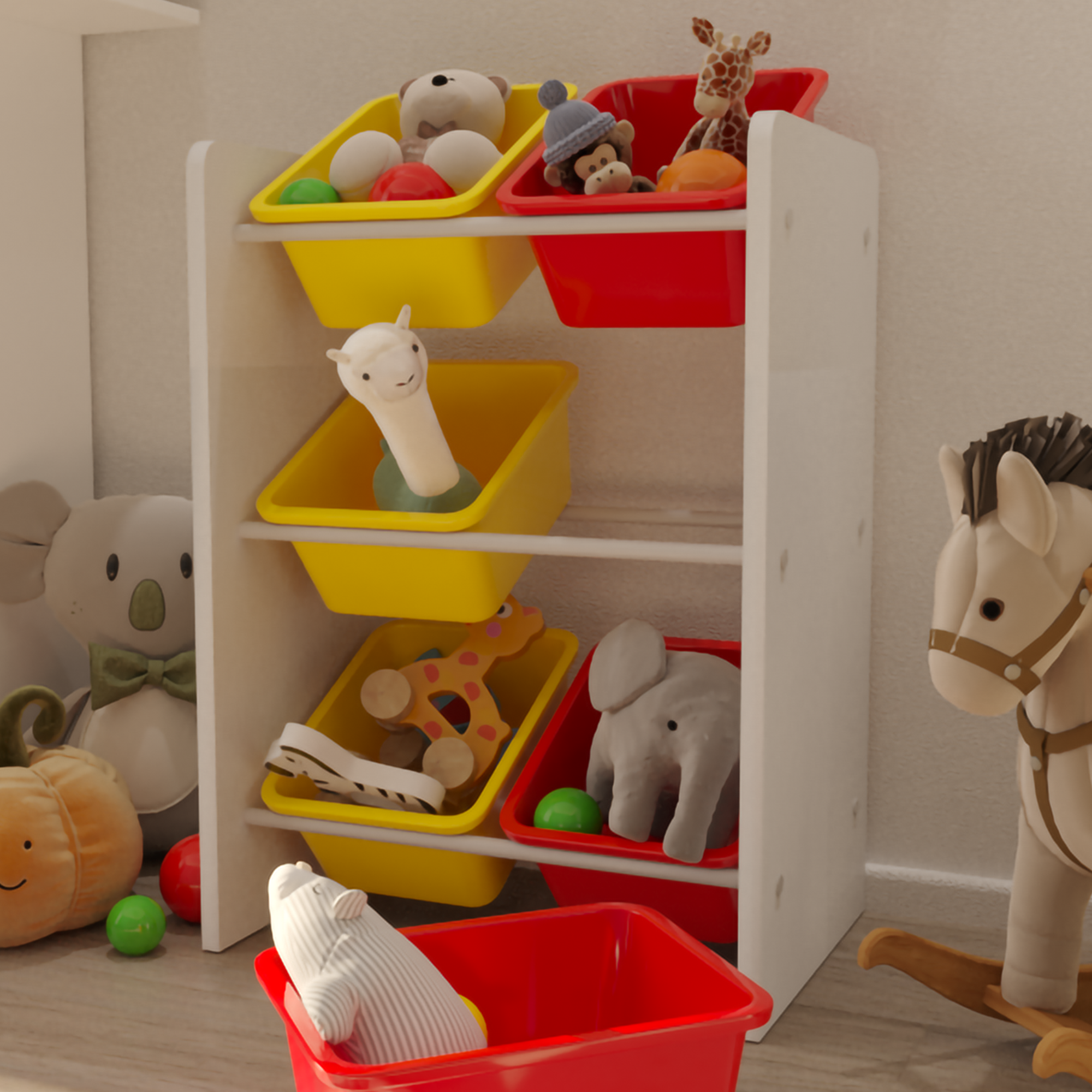 Flinder 6 Sepetli Montessori Oyuncak Dolabı | Çok Amaçlı Düzenleyici Dolap - Kırmızı Sarı Sepetli