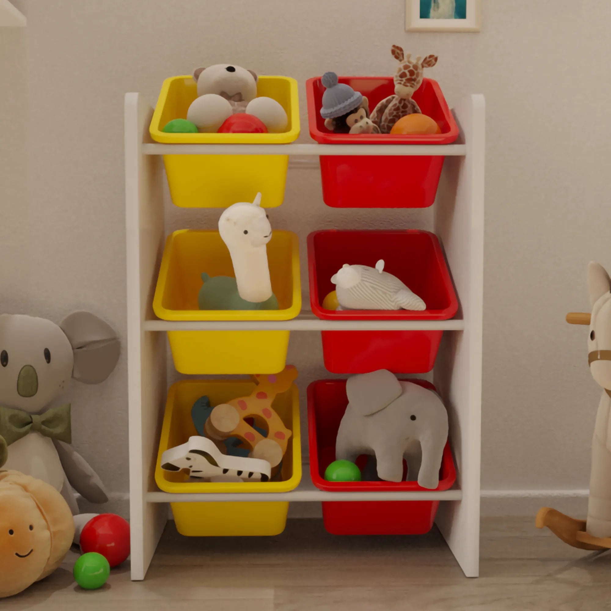 6 Sepetli Montessori Oyuncak Dolabı | Çok Amaçlı Düzenleyici Dolap - Kırmızı Sarı Sepetli