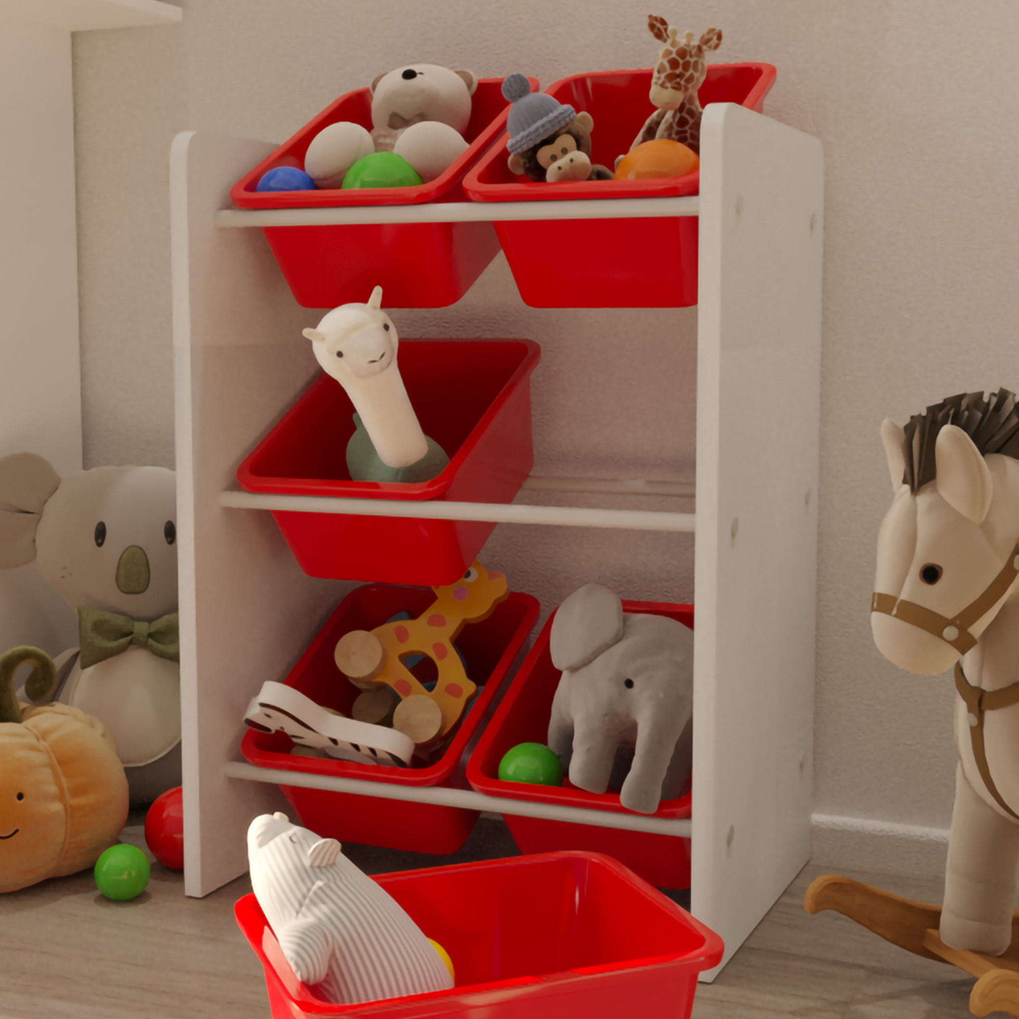 Flinder 6 Sepetli Montessori Oyuncak Dolabı | Çok Amaçlı Düzenleyici Dolap - Kırmızı