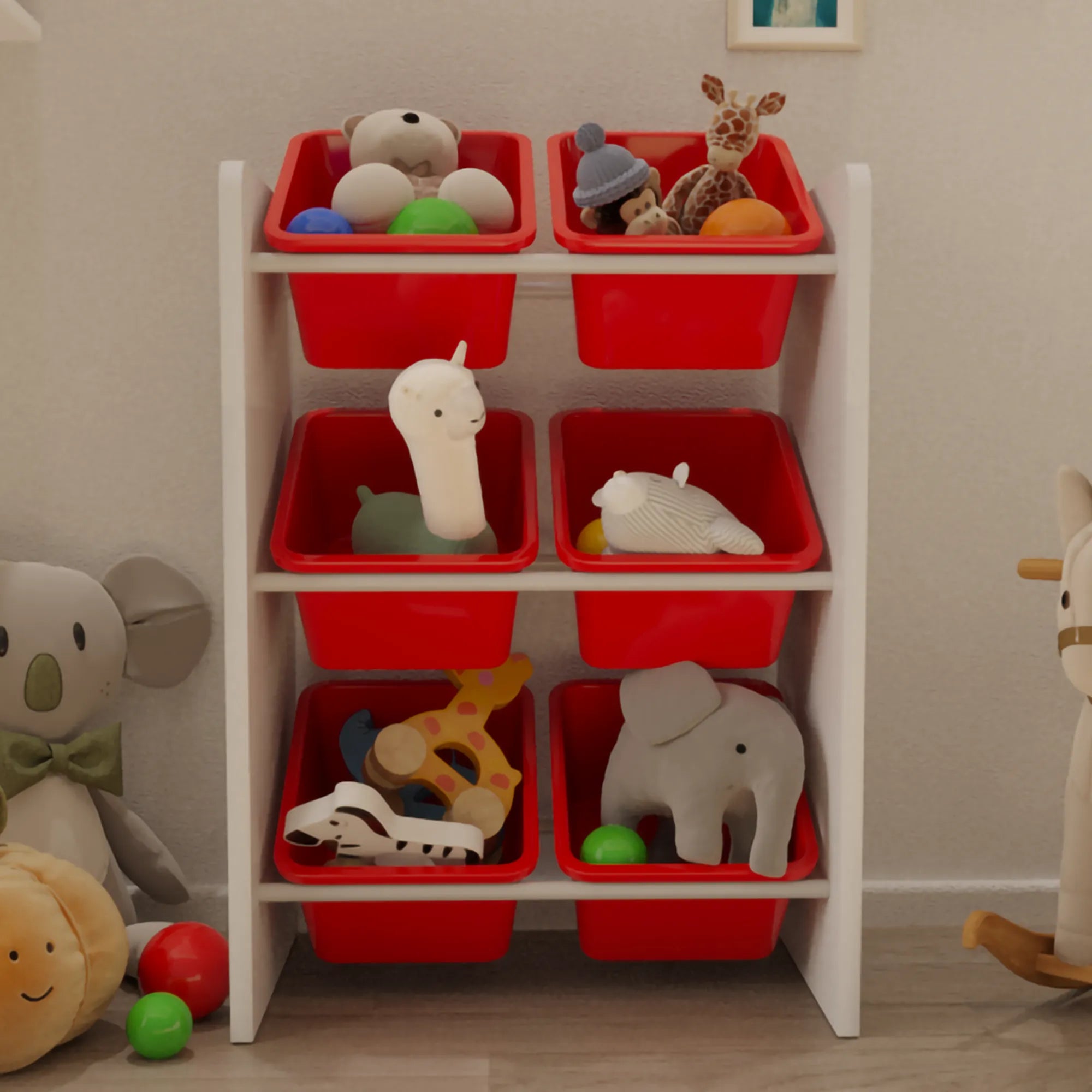 6 Sepetli Montessori Oyuncak Dolabı | Çok Amaçlı Düzenleyici Dolap - Kırmızı