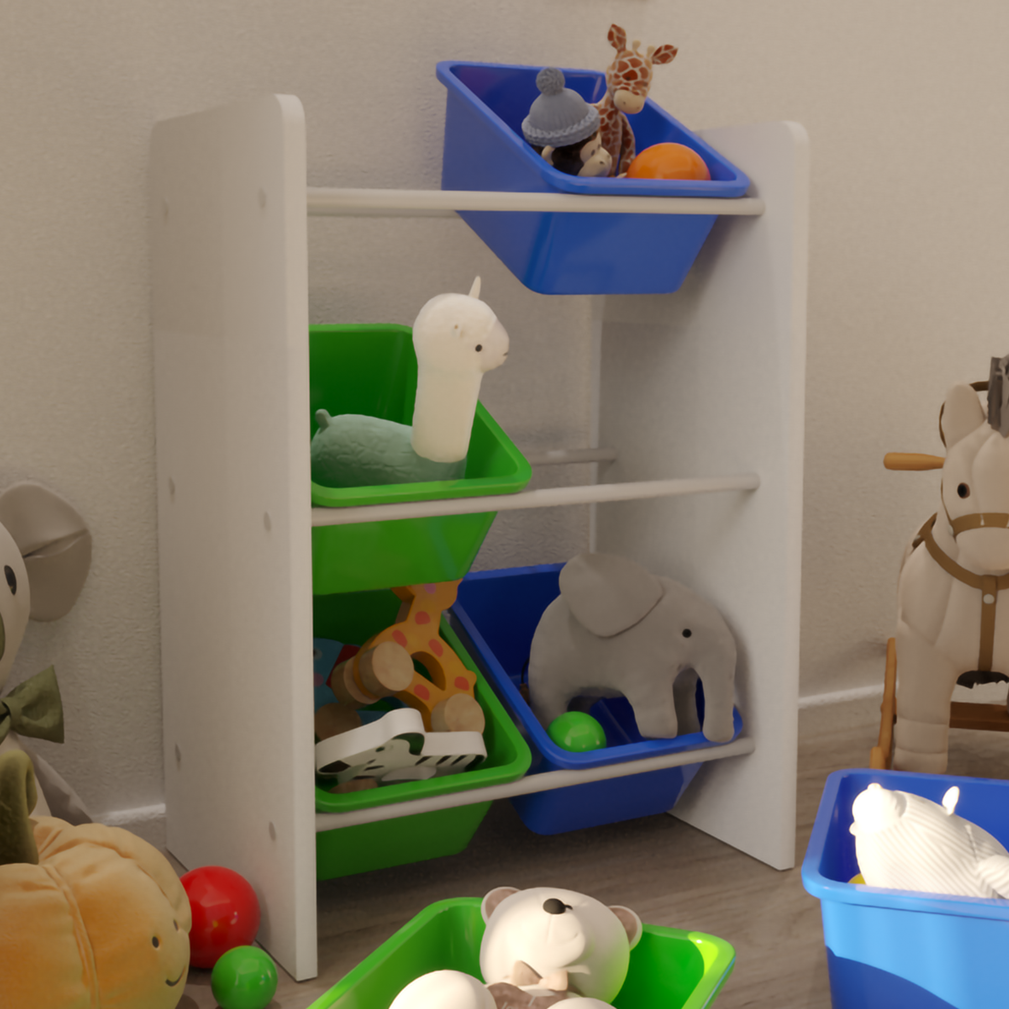 Flinder 6 Sepetli Montessori Oyuncak Dolabı | Çok Amaçlı Düzenleyici Dolap - Mavi Yeşil Sepetli