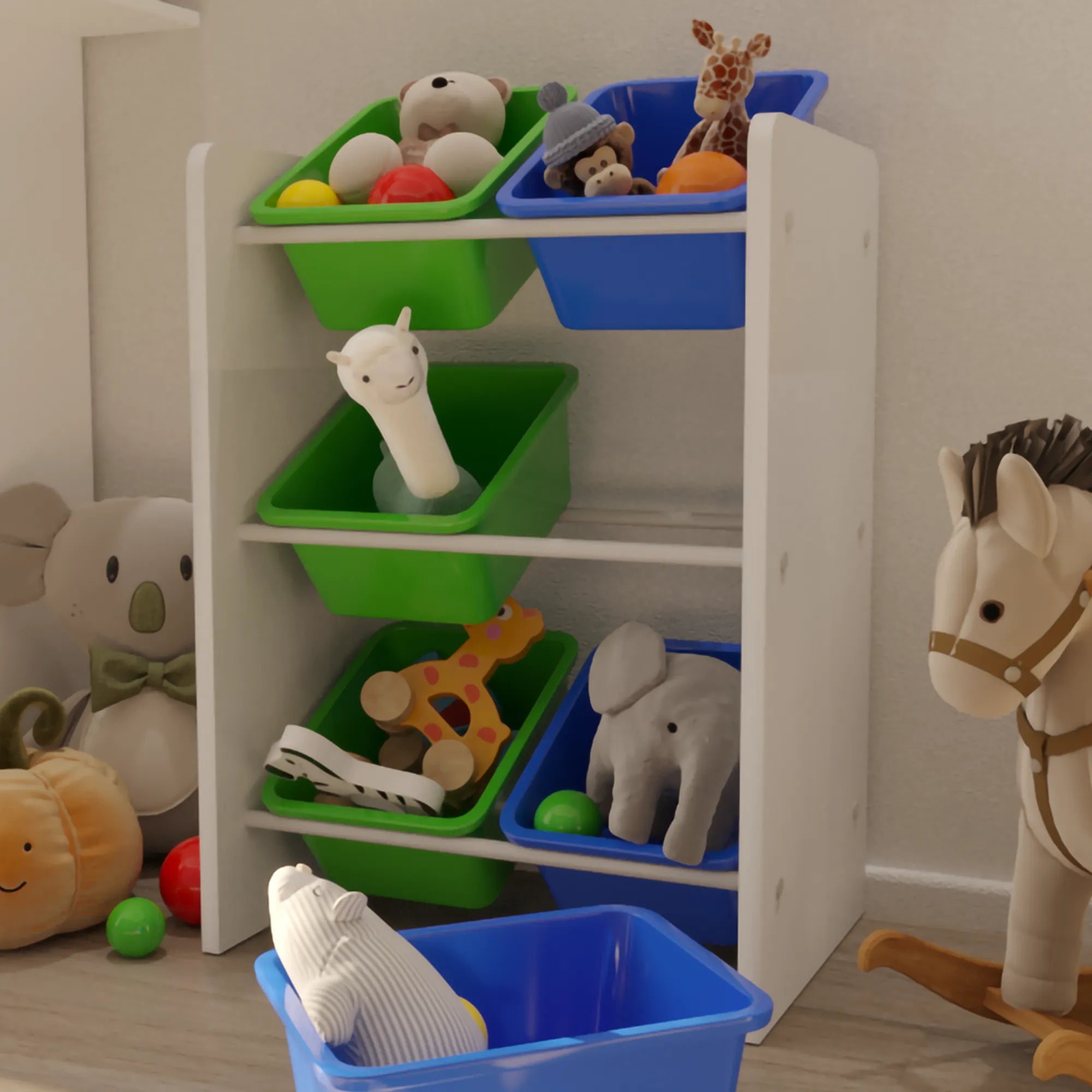6 Sepetli Montessori Oyuncak Dolabı | Çok Amaçlı Düzenleyici Dolap - Mavi Yeşil Sepetli