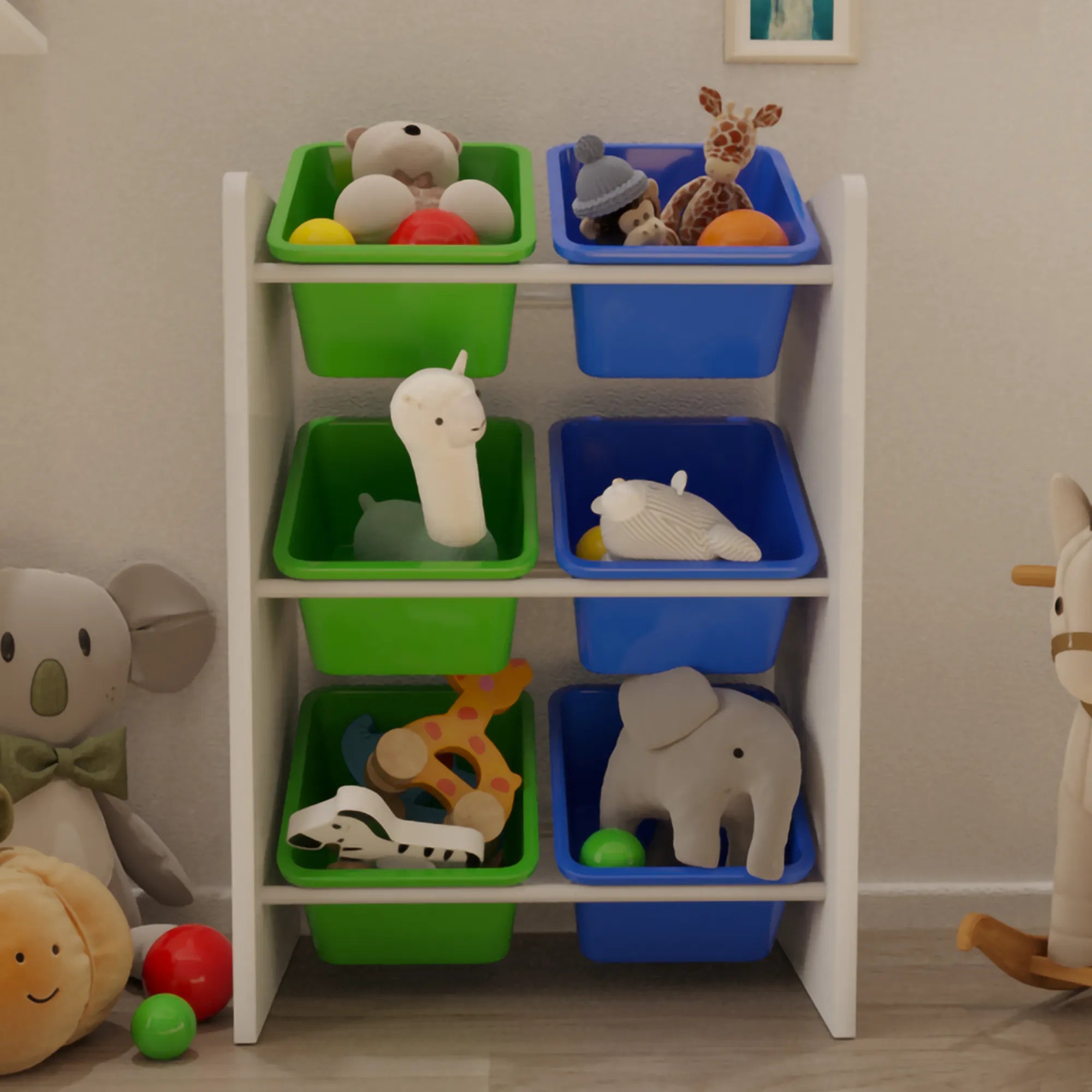6 Sepetli Montessori Oyuncak Dolabı | Çok Amaçlı Düzenleyici Dolap - Mavi Yeşil Sepetli