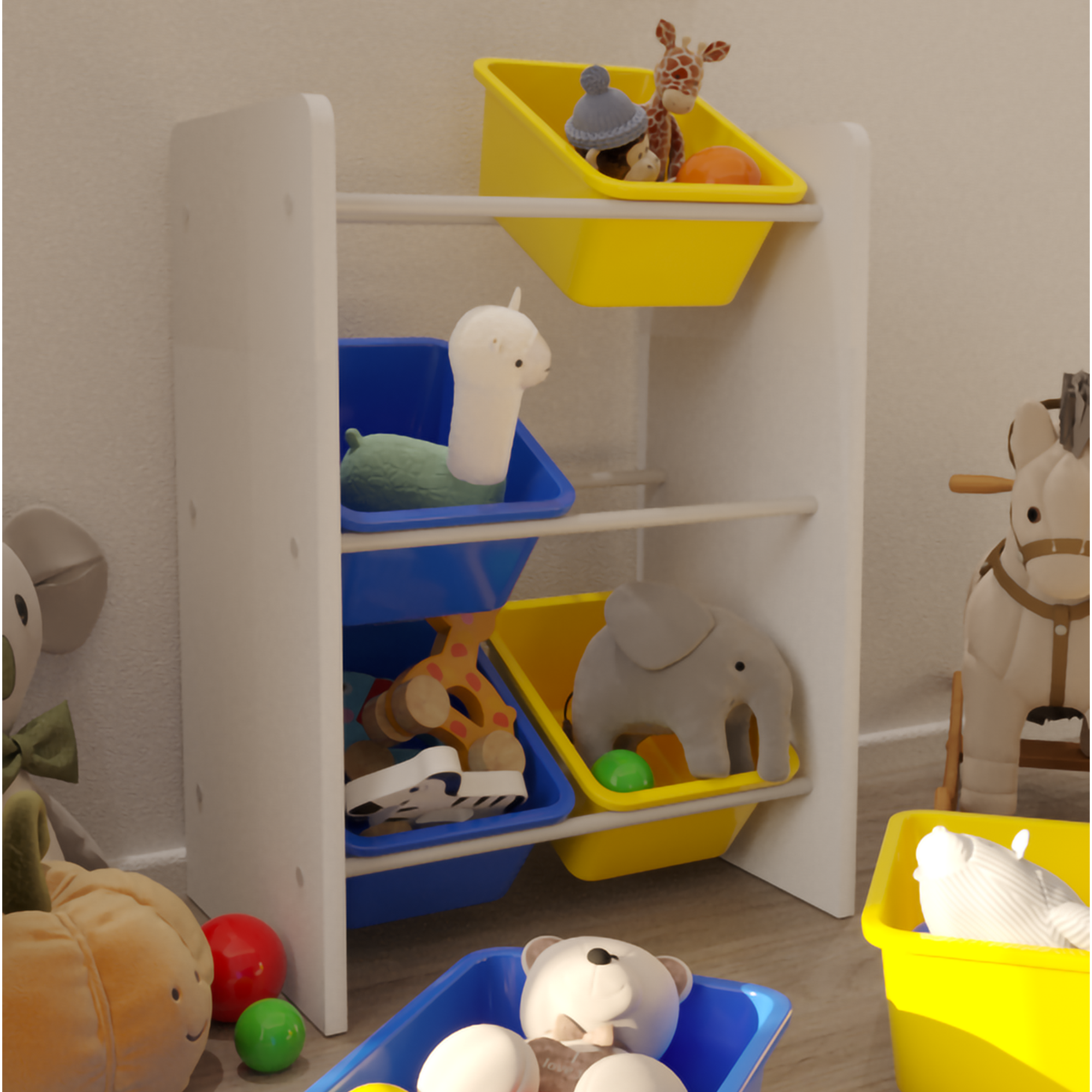 Flinder 6 Sepetli Montessori Oyuncak Dolabı | Çok Amaçlı Düzenleyici Dolap - Sarı Mavi Sepetli