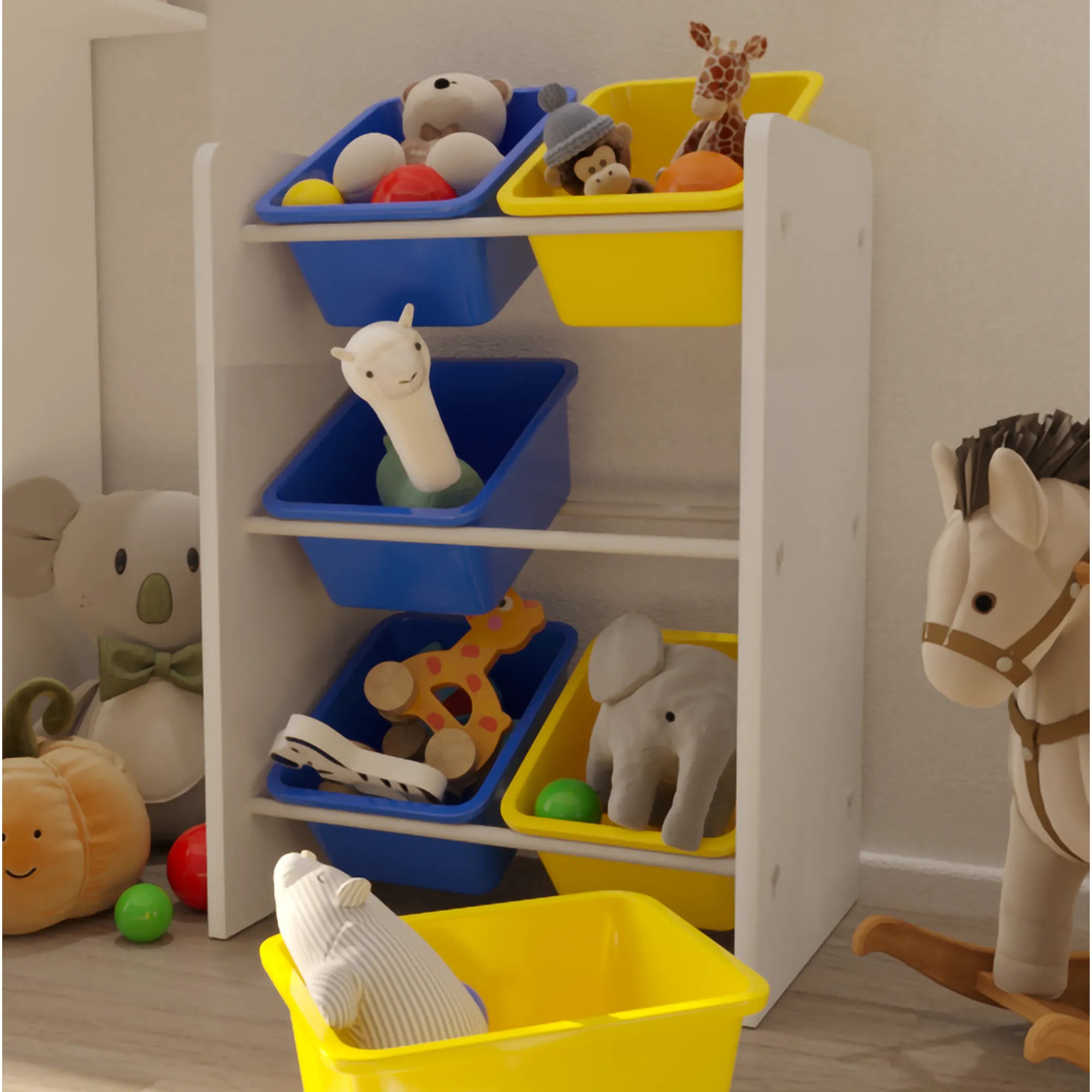 6 Sepetli Montessori Oyuncak Dolabı | Çok Amaçlı Düzenleyici Dolap - Sarı Mavi Sepetli