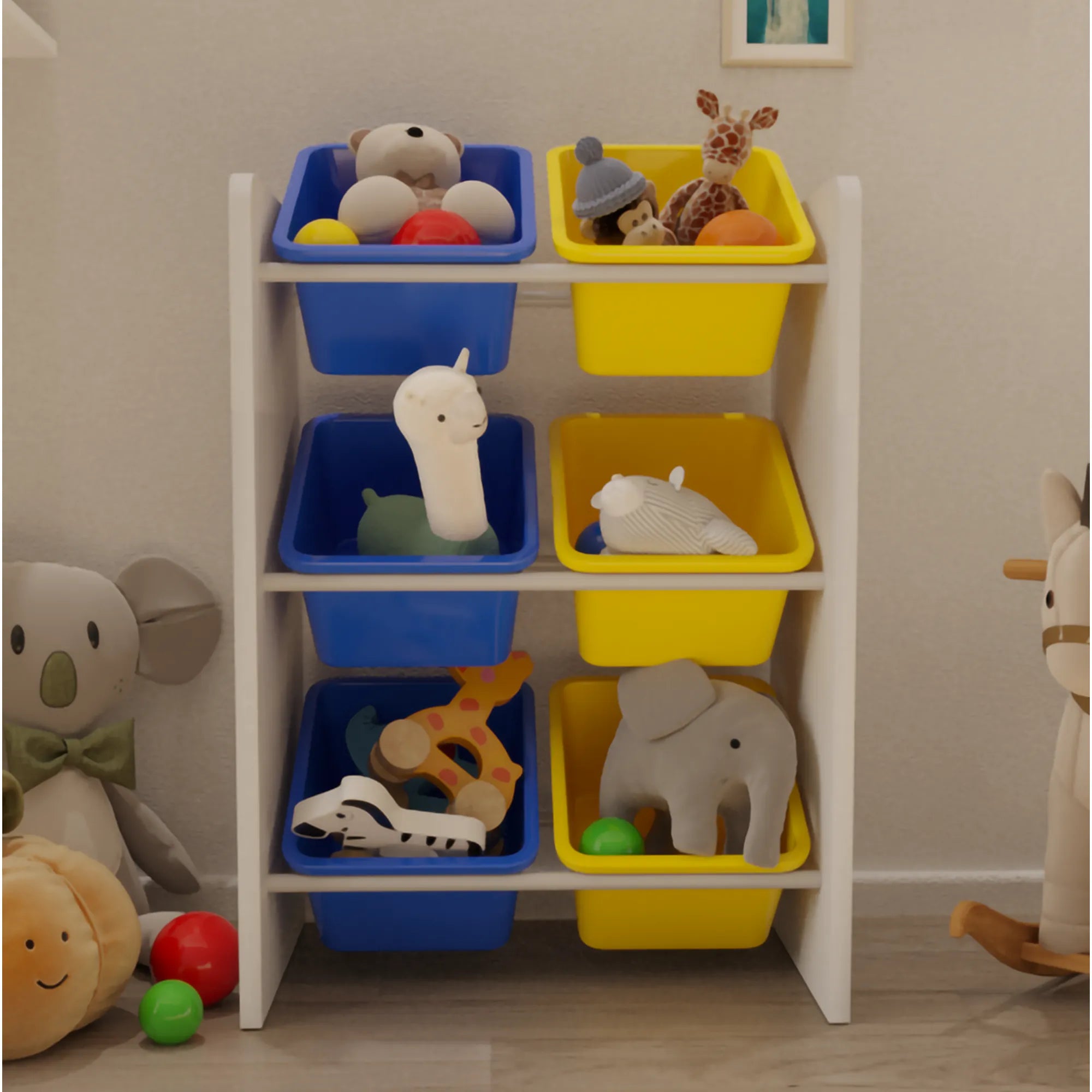 6 Sepetli Montessori Oyuncak Dolabı | Çok Amaçlı Düzenleyici Dolap - Sarı Mavi Sepetli