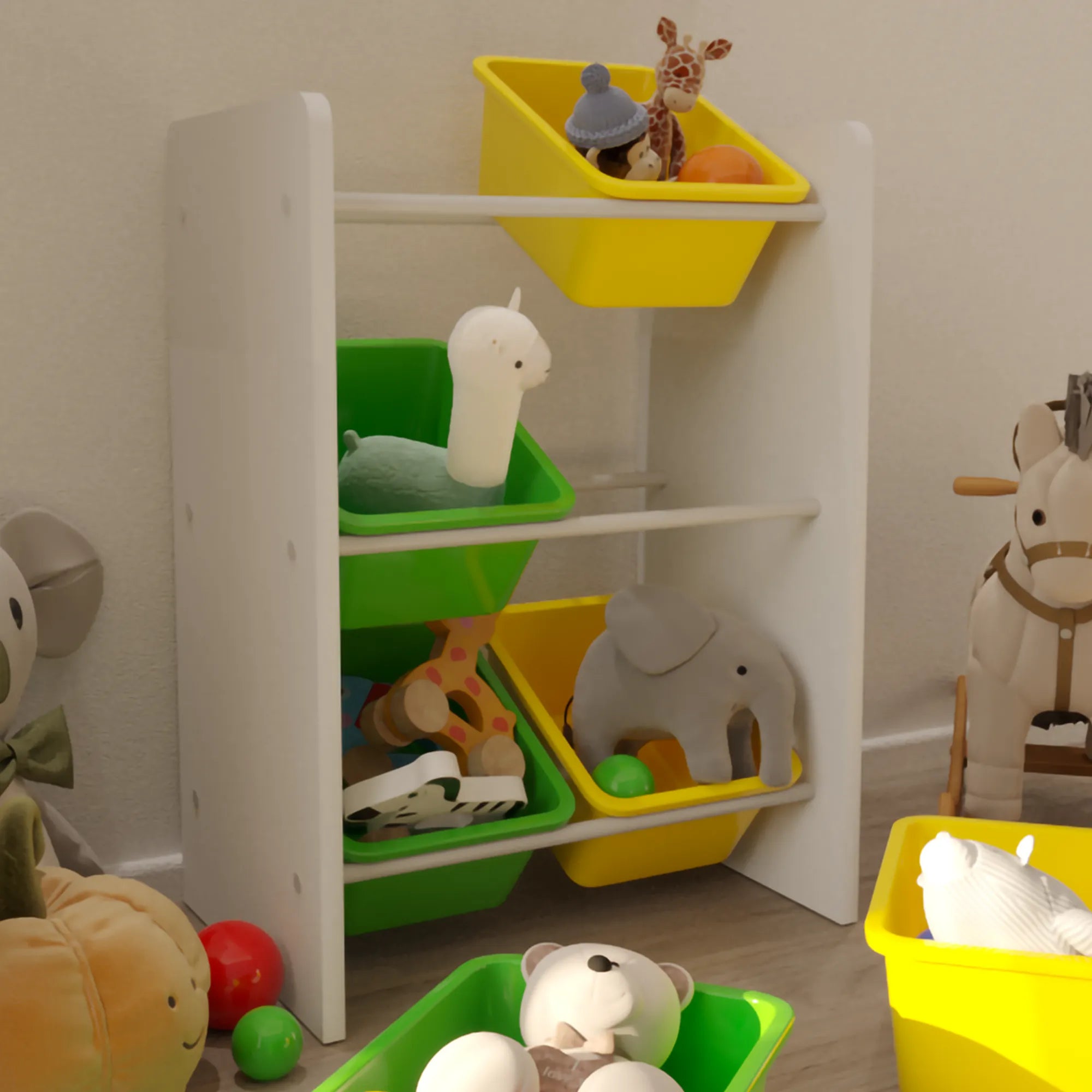 6 Sepetli Montessori Oyuncak Dolabı | Çok Amaçlı Düzenleyici Dolap - Sarı Yeşil Sepetli