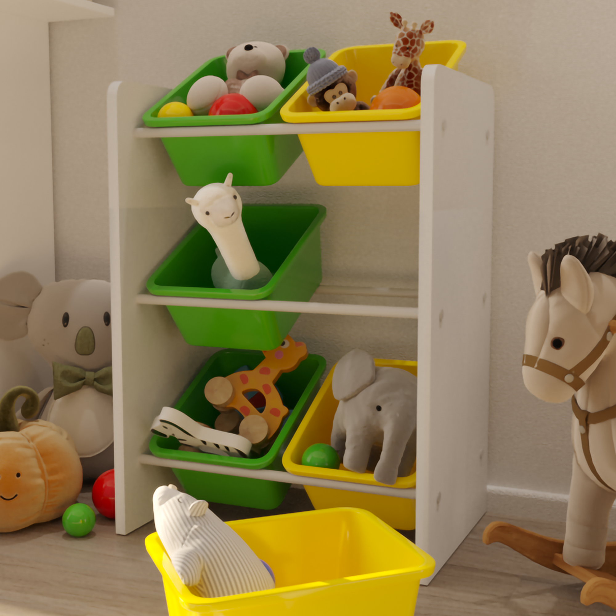 Flinder 6 Sepetli Montessori Oyuncak Dolabı | Çok Amaçlı Düzenleyici Dolap - Sarı Yeşil Sepetli