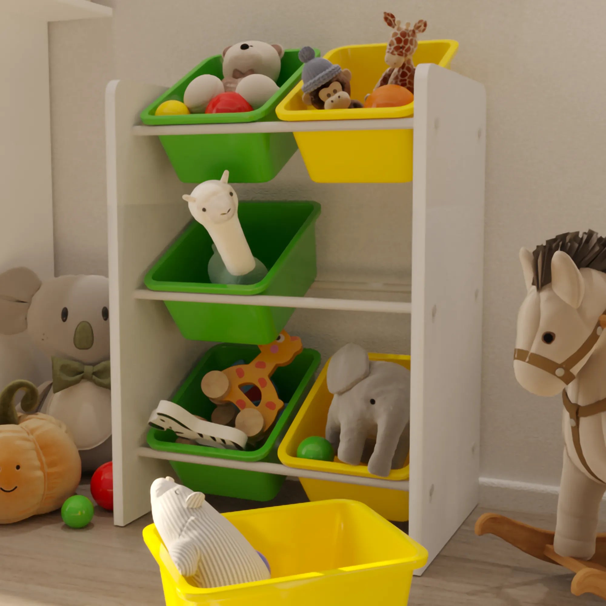 6 Sepetli Montessori Oyuncak Dolabı | Çok Amaçlı Düzenleyici Dolap - Sarı Yeşil Sepetli
