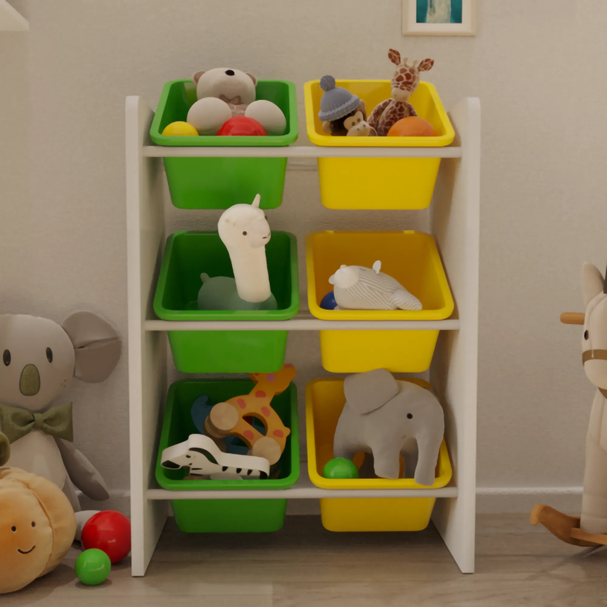 6 Sepetli Montessori Oyuncak Dolabı | Çok Amaçlı Düzenleyici Dolap - Sarı Yeşil Sepetli