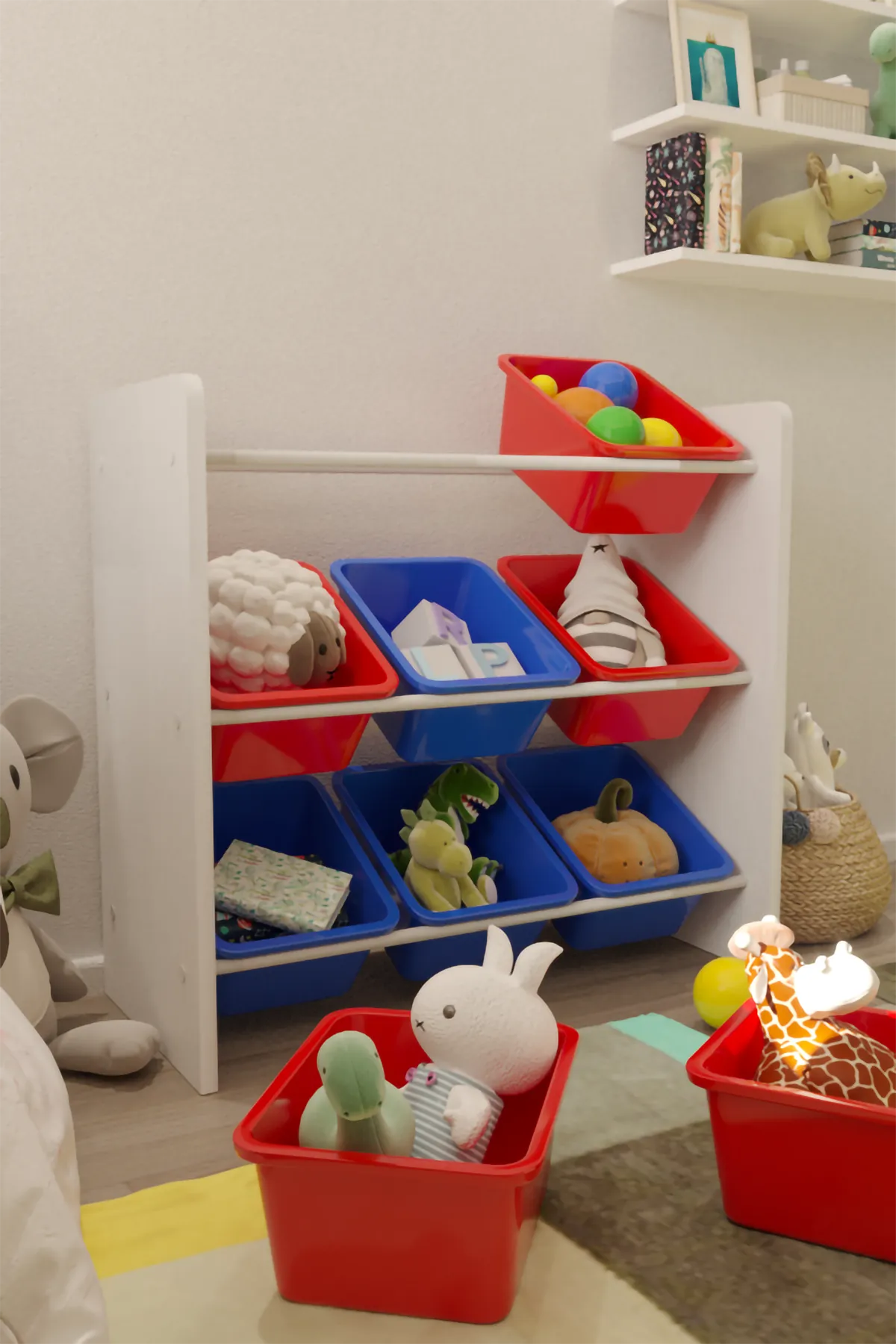 9 Sepetli Montessori Oyuncak Dolabı | Çok Amaçlı Düzenleyici Dolap - Kırmızı Mavi Sepetli