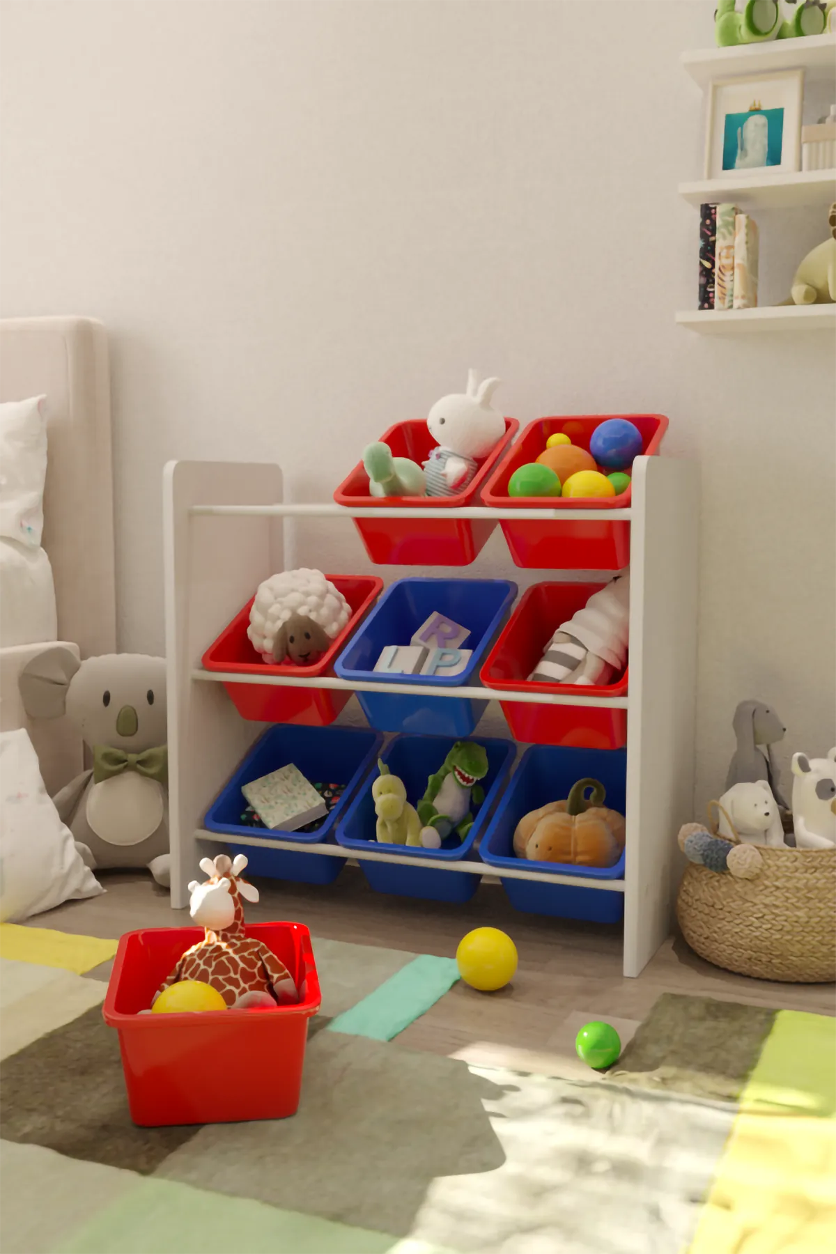 9 Sepetli Montessori Oyuncak Dolabı | Çok Amaçlı Düzenleyici Dolap - Kırmızı Mavi Sepetli