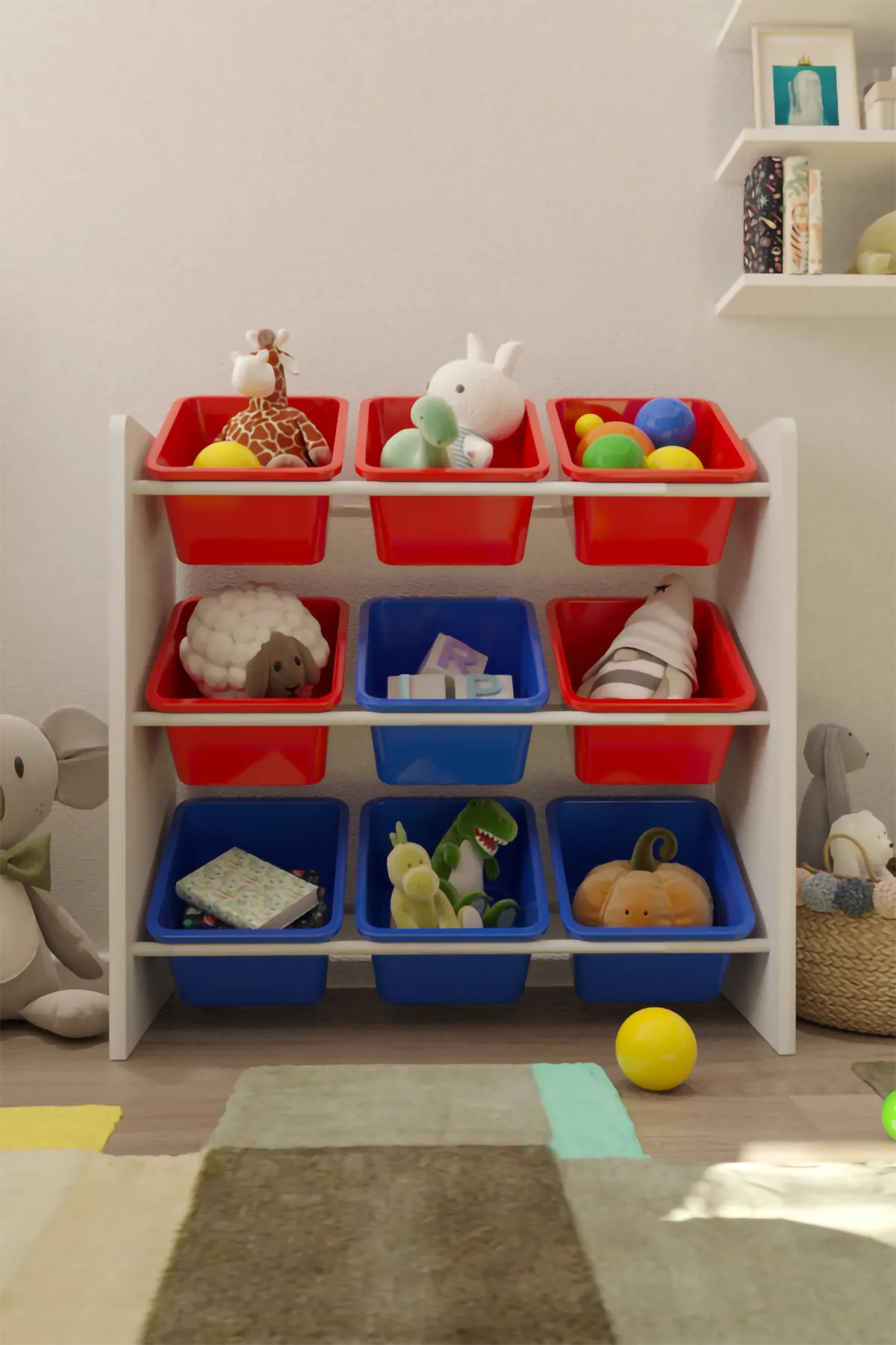 9 Sepetli Montessori Oyuncak Dolabı | Çok Amaçlı Düzenleyici Dolap - Kırmızı Mavi Sepetli