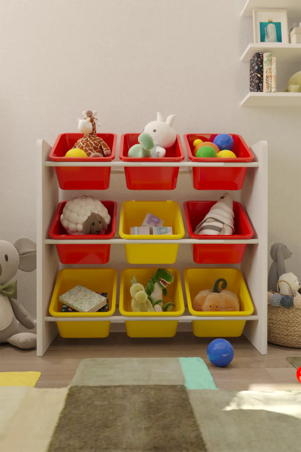 9 Sepetli Montessori Oyuncak Dolabı | Çok Amaçlı Düzenleyici Dolap - Kırmızı Sarı Sepetli