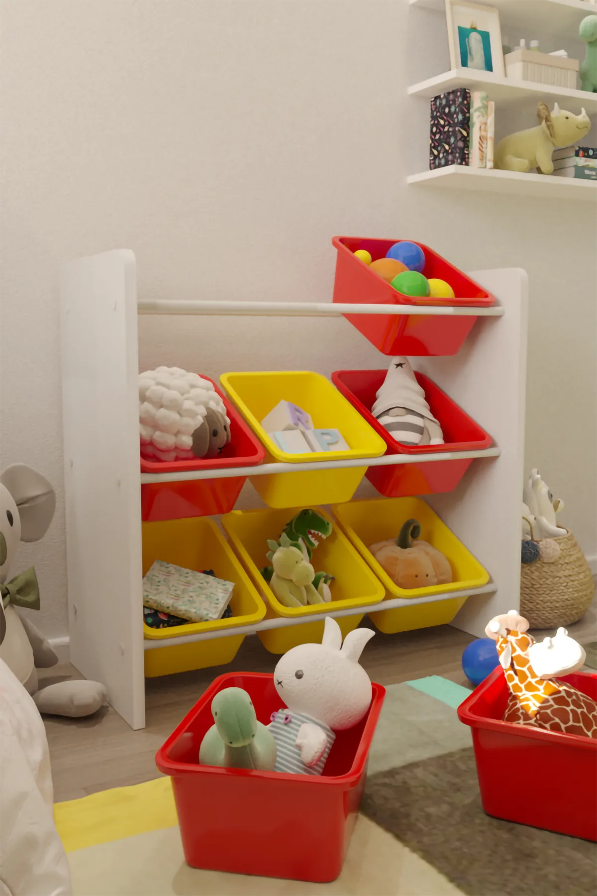9 Sepetli Montessori Oyuncak Dolabı | Çok Amaçlı Düzenleyici Dolap - Kırmızı Sarı Sepetli