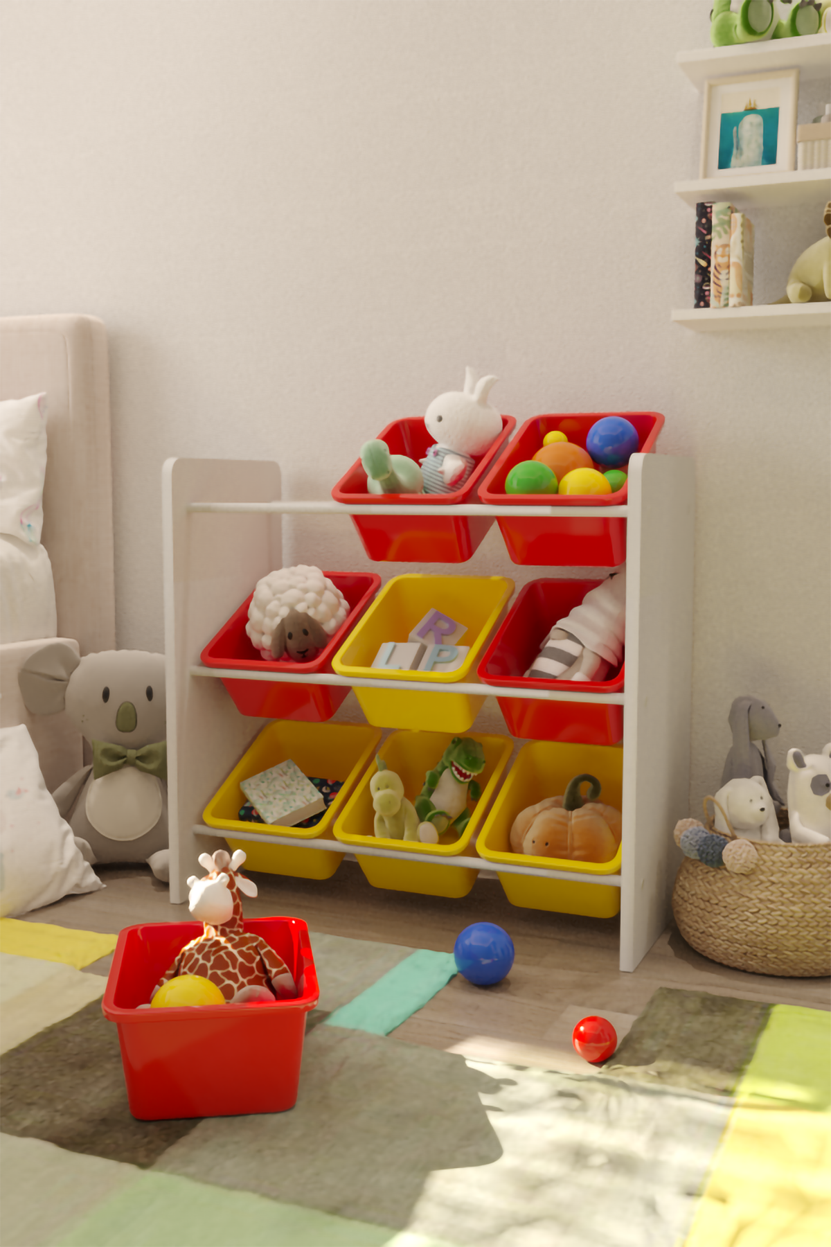 Flinder 9 Sepetli Montessori Oyuncak Dolabı | Çok Amaçlı Düzenleyici Dolap - Kırmızı Sarı Sepetli