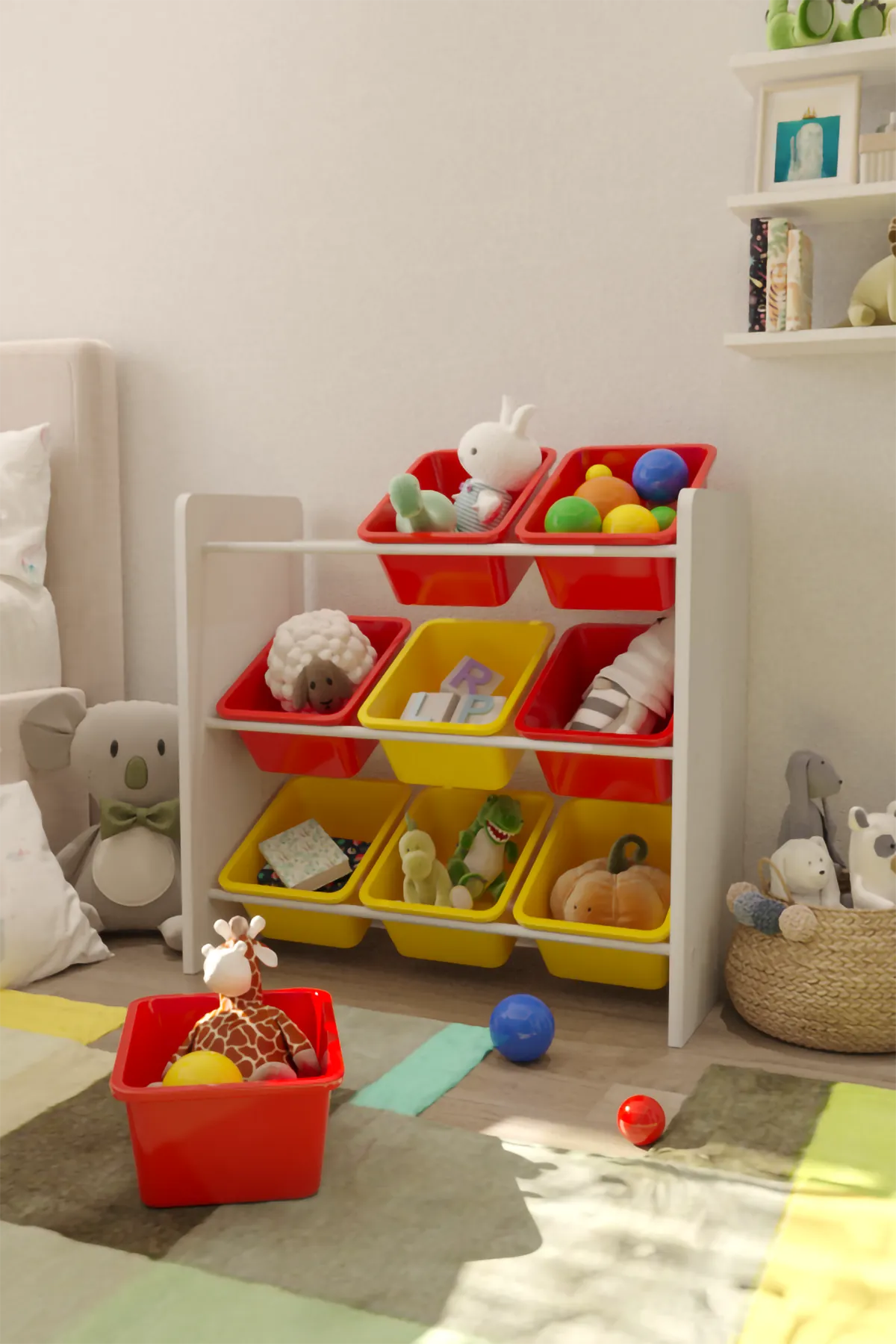 9 Sepetli Montessori Oyuncak Dolabı | Çok Amaçlı Düzenleyici Dolap - Kırmızı Sarı Sepetli