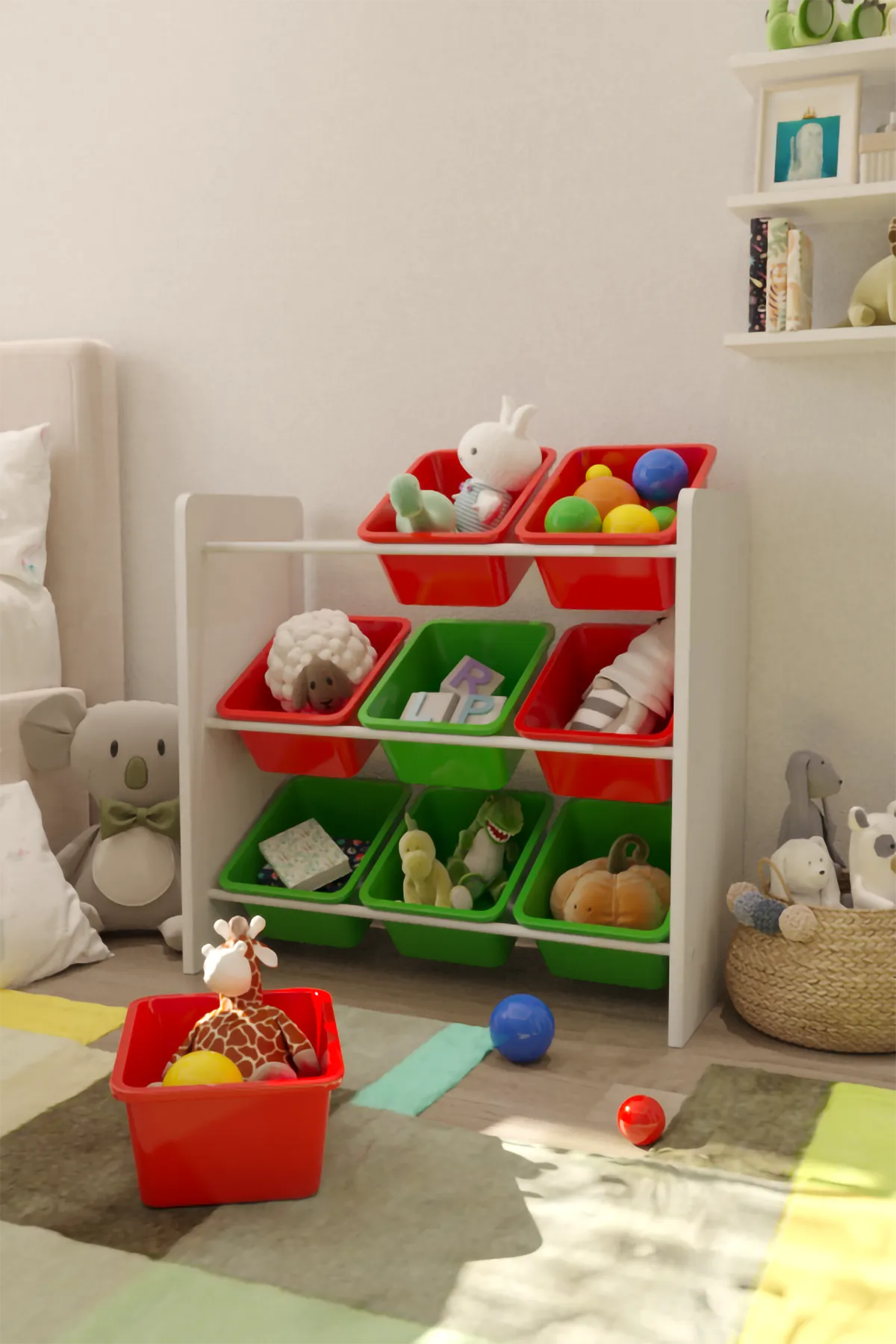 9 Sepetli Montessori Oyuncak Dolabı | Çok Amaçlı Düzenleyici Dolap - Kırmızı Yeşil Sepetli