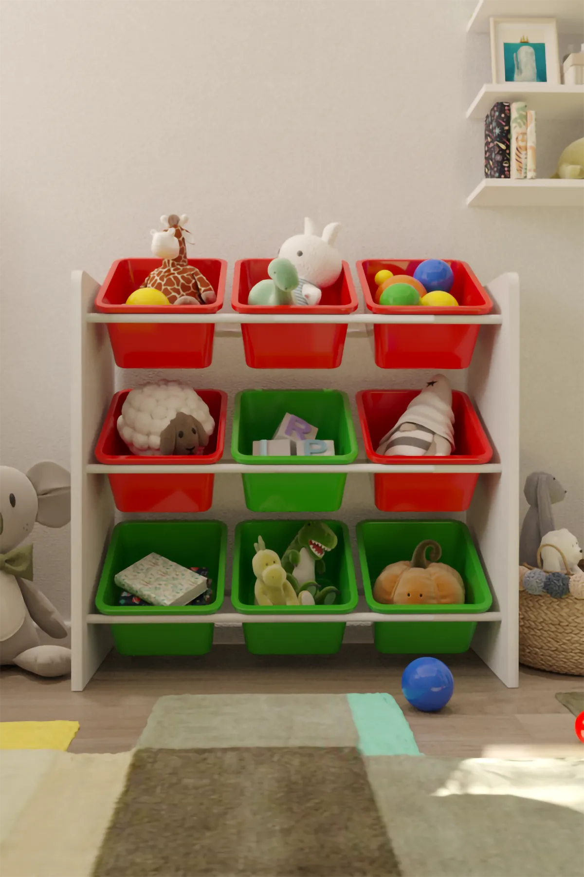 9 Sepetli Montessori Oyuncak Dolabı | Çok Amaçlı Düzenleyici Dolap - Kırmızı Yeşil Sepetli