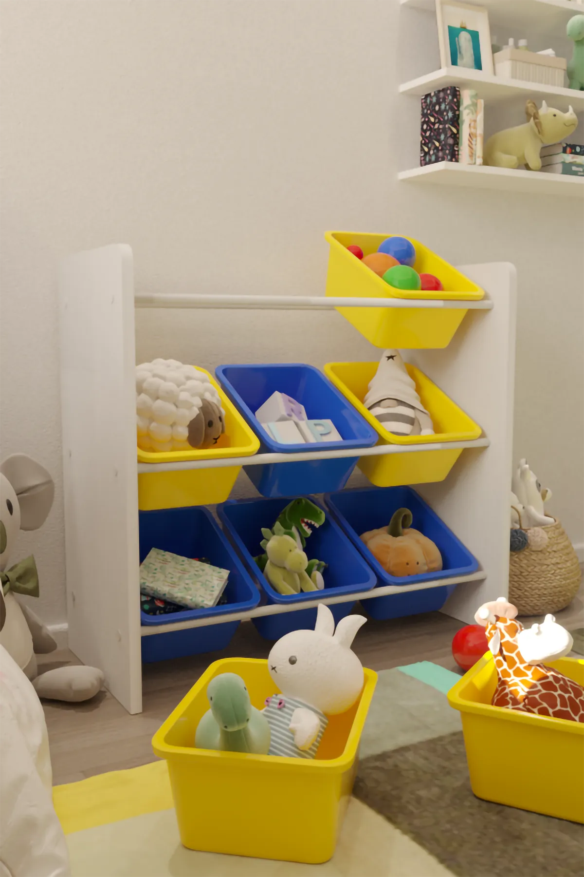 9 Sepetli Montessori Oyuncak Dolabı | Çok Amaçlı Düzenleyici Dolap - Sarı - Mavi Sepetli