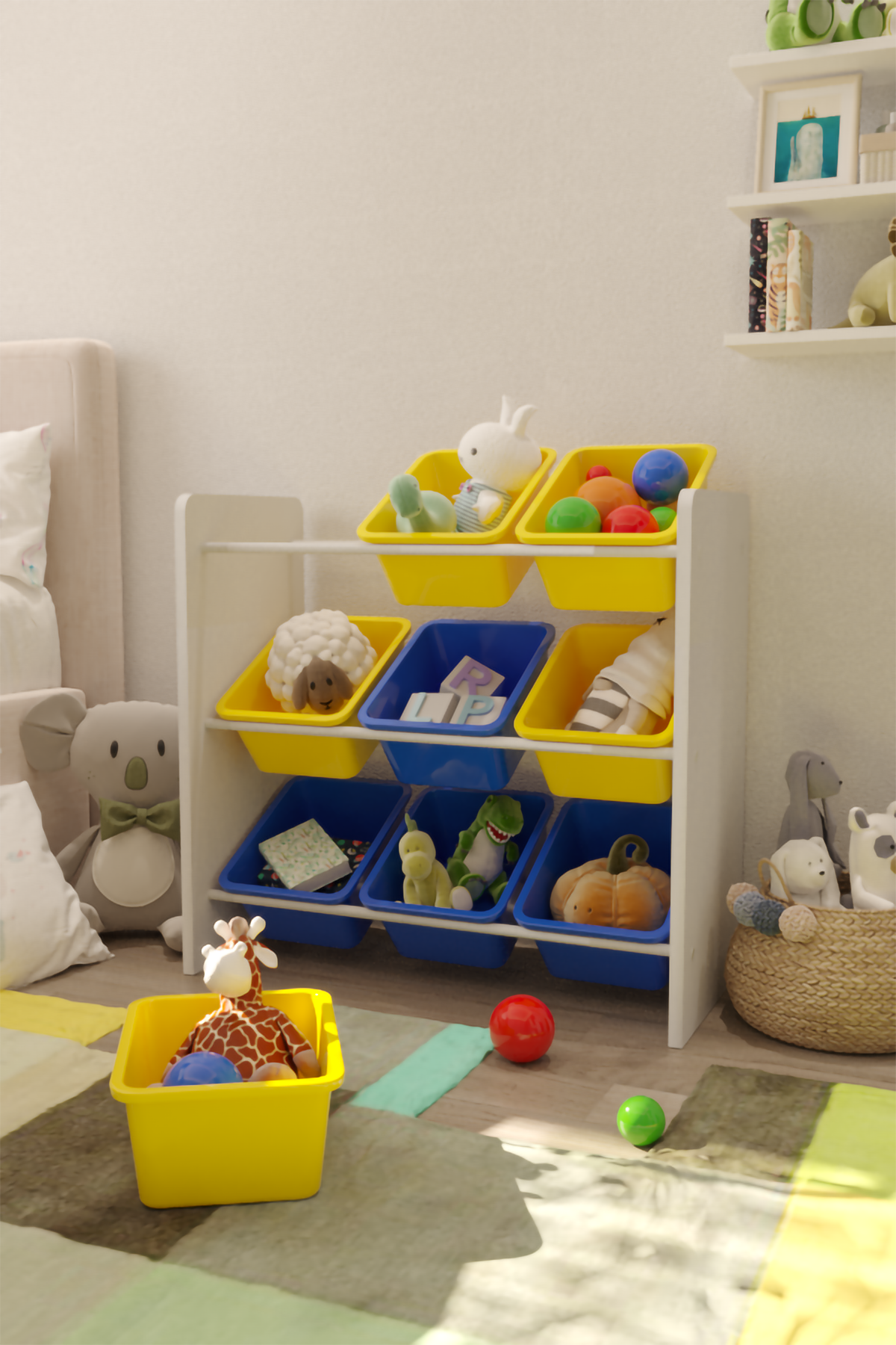 Flinder 9 Sepetli Montessori Oyuncak Dolabı | Çok Amaçlı Düzenleyici Dolap - Sarı - Mavi Sepetli