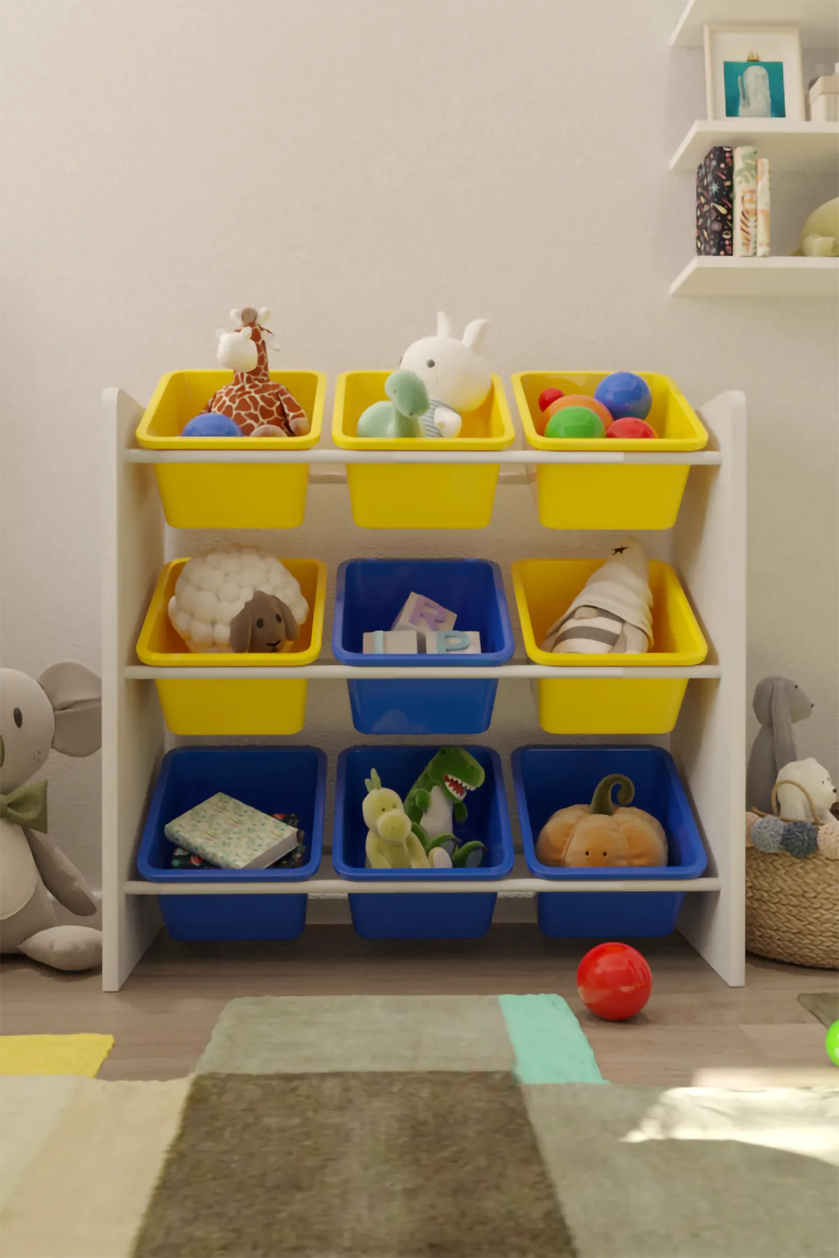 9 Sepetli Montessori Oyuncak Dolabı | Çok Amaçlı Düzenleyici Dolap - Sarı - Mavi Sepetli