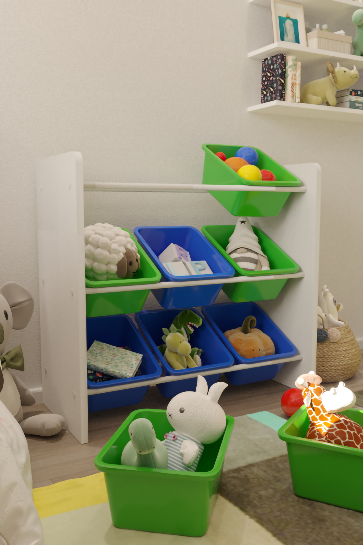 Flinder 9 Sepetli Montessori Oyuncak Dolabı | Çok Amaçlı Düzenleyici Dolap - Mavi Yeşil Sepetli