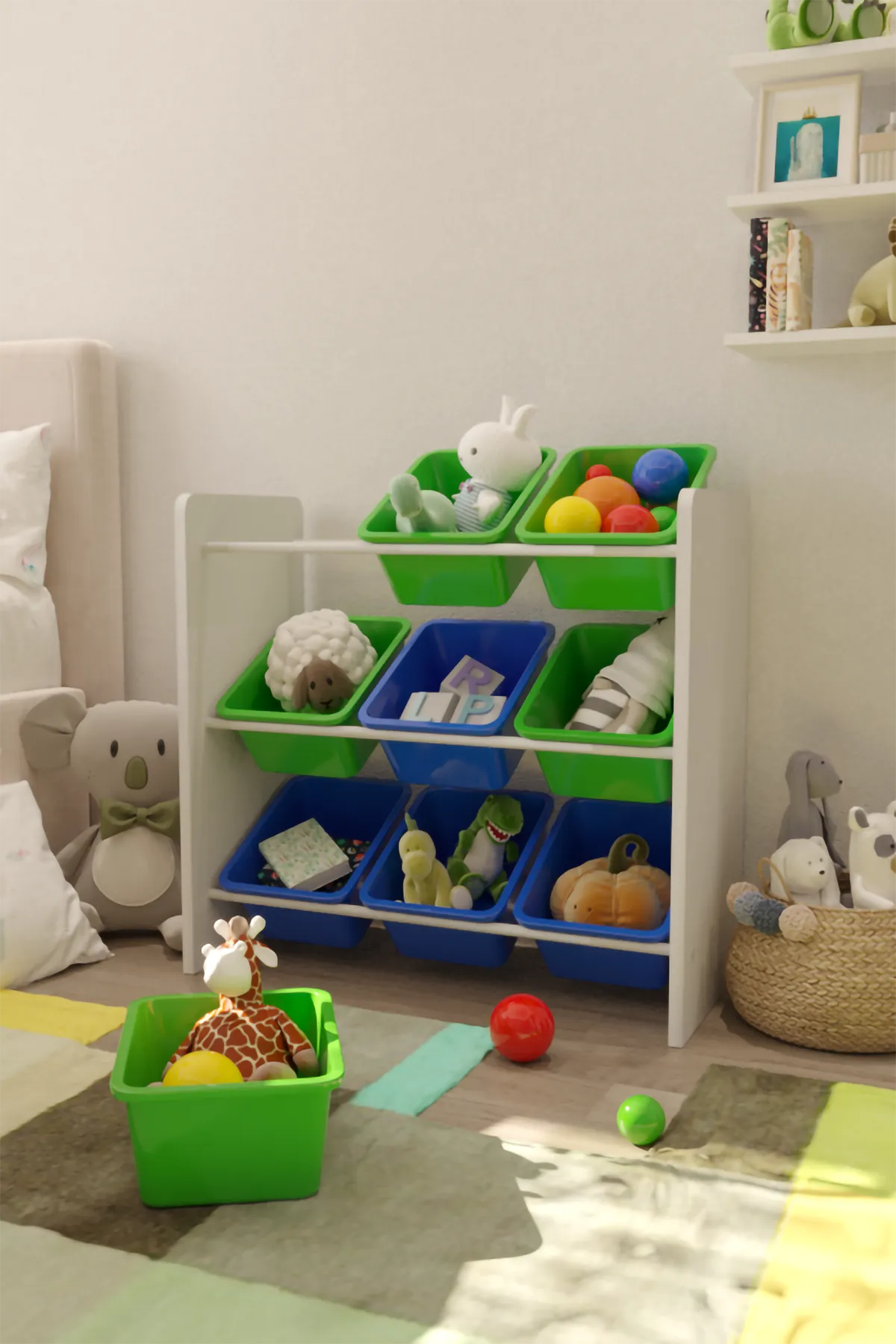 9 Sepetli Montessori Oyuncak Dolabı | Çok Amaçlı Düzenleyici Dolap - Mavi Yeşil Sepetli