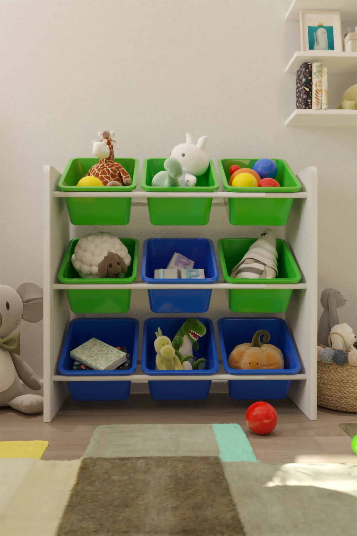 9 Sepetli Montessori Oyuncak Dolabı | Çok Amaçlı Düzenleyici Dolap - Mavi Yeşil Sepetli