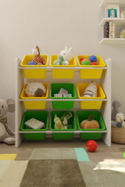 9 Sepetli Montessori Oyuncak Dolabı | Çok Amaçlı Düzenleyici Dolap - Sarı - Yeşil Sepetli