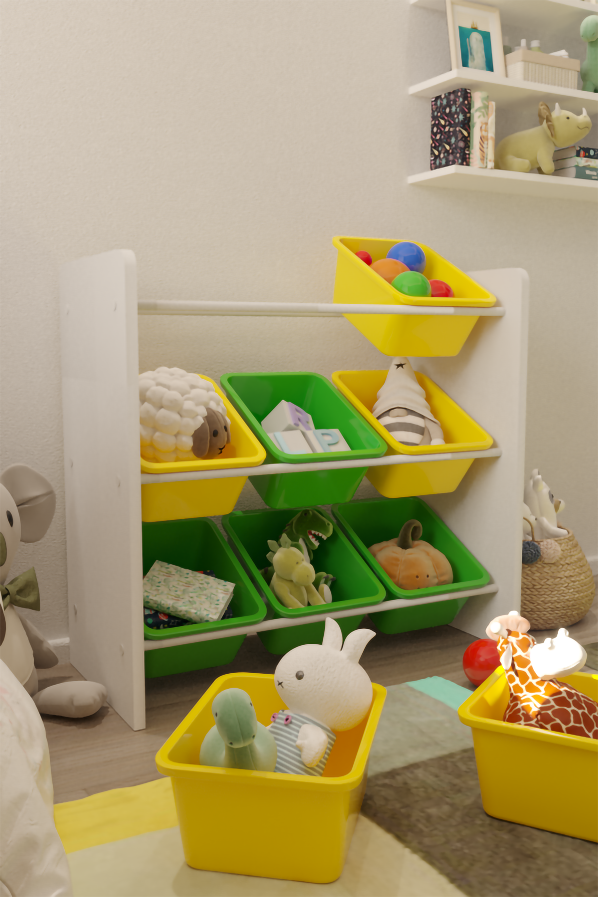 Flinder 9 Sepetli Montessori Oyuncak Dolabı | Çok Amaçlı Düzenleyici Dolap - Sarı - Yeşil Sepetli