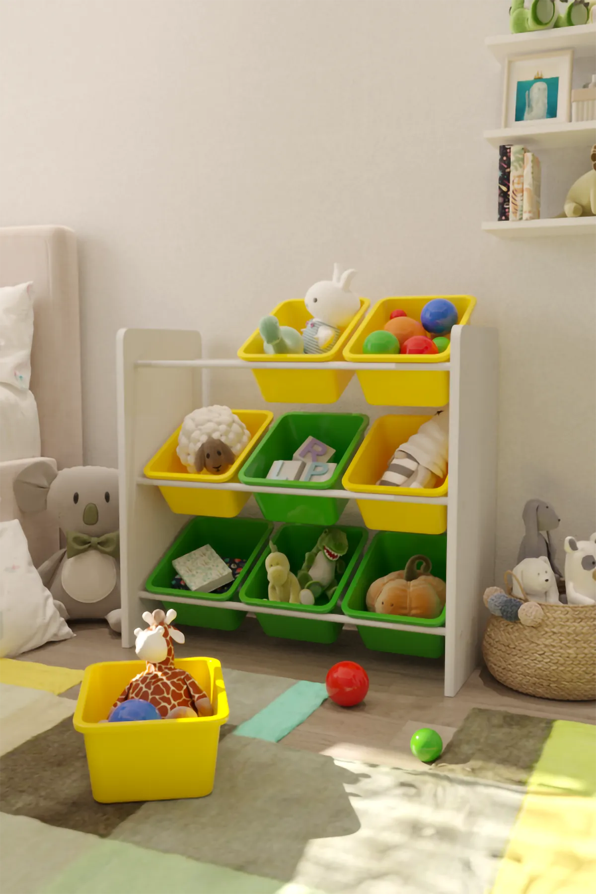 9 Sepetli Montessori Oyuncak Dolabı | Çok Amaçlı Düzenleyici Dolap - Sarı - Yeşil Sepetli