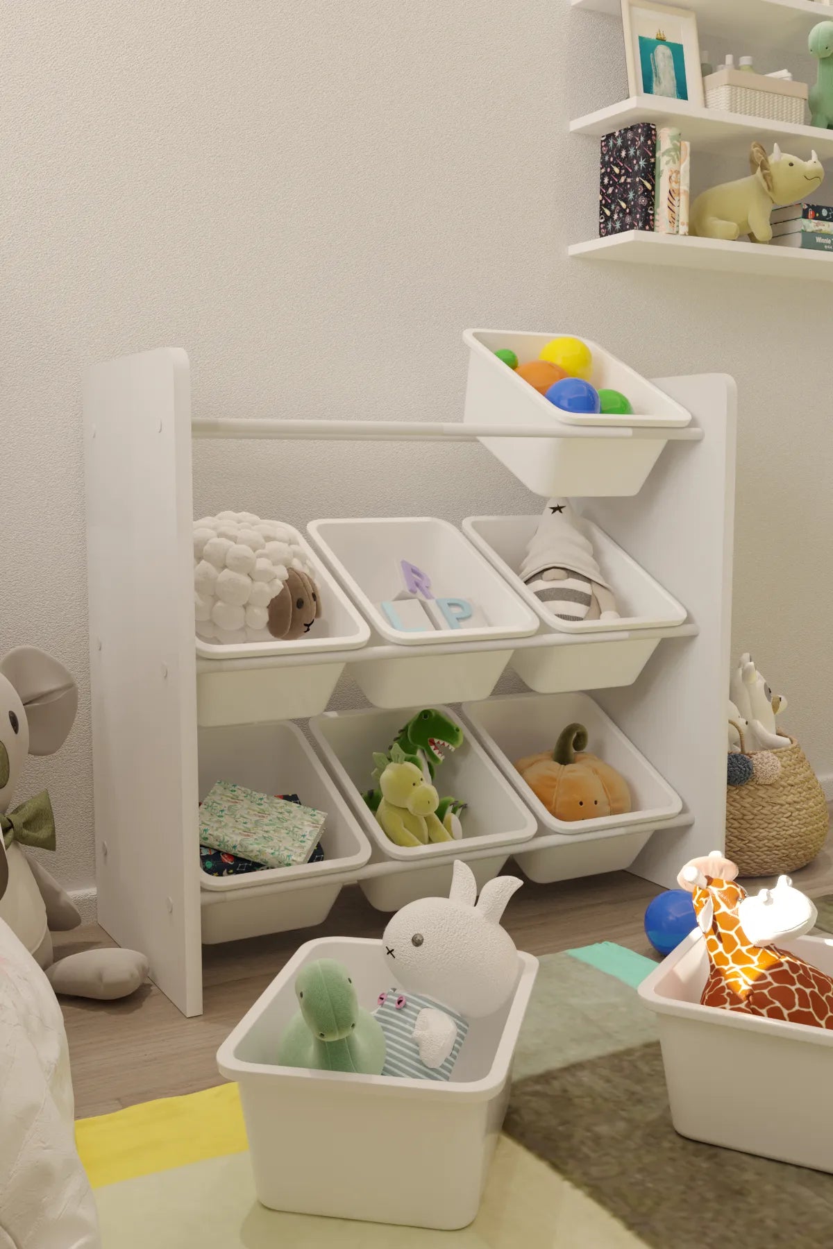 9 Sepetli Montessori Oyuncak Dolabı | Çok Amaçlı Düzenleyici Dolap - Beyaz Sepetli
