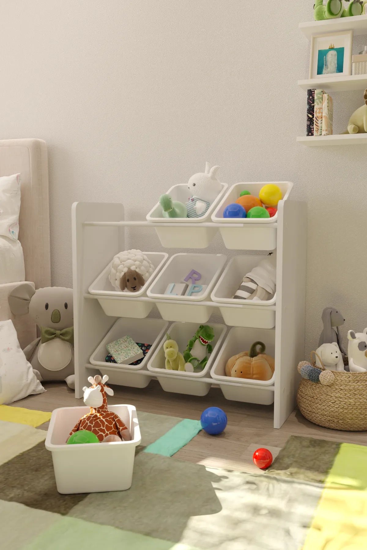 9 Sepetli Montessori Oyuncak Dolabı | Çok Amaçlı Düzenleyici Dolap - Beyaz Sepetli