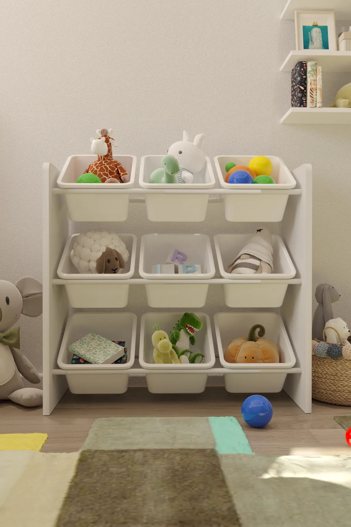 9 Sepetli Montessori Oyuncak Dolabı | Çok Amaçlı Düzenleyici Dolap - Beyaz Sepetli