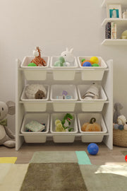 9 Sepetli Montessori Oyuncak Dolabı | Çok Amaçlı Düzenleyici Dolap - Beyaz Sepetli