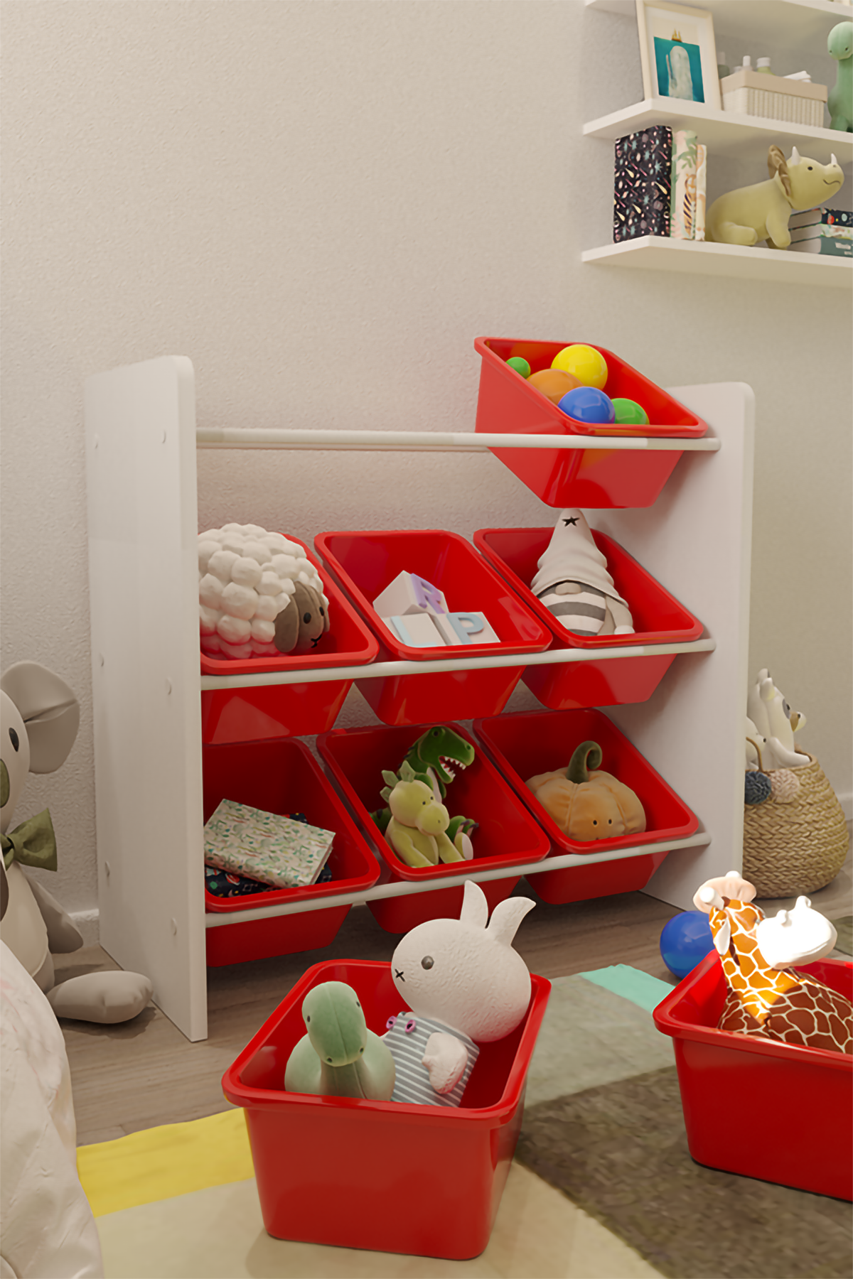 Flinder 9 Sepetli Montessori Oyuncak Dolabı | Çok Amaçlı Düzenleyici Dolap - Kırmızı Sepetli