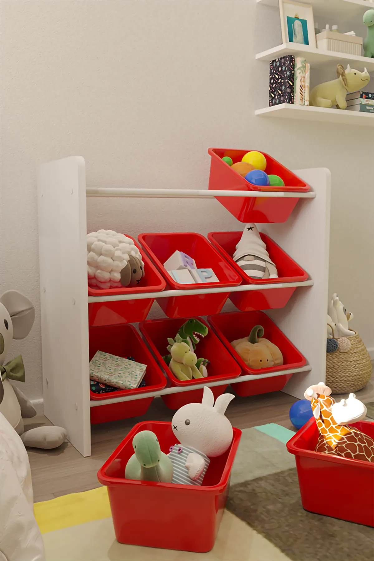 9 Sepetli Montessori Oyuncak Dolabı | Çok Amaçlı Düzenleyici Dolap - Kırmızı Sepetli